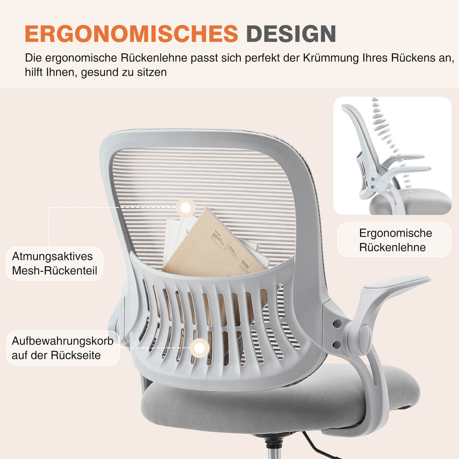 Ergonomische Home Mesh Office Schreibtischstühle mit Flip up Armlehnen, Lendenwirbelstütze