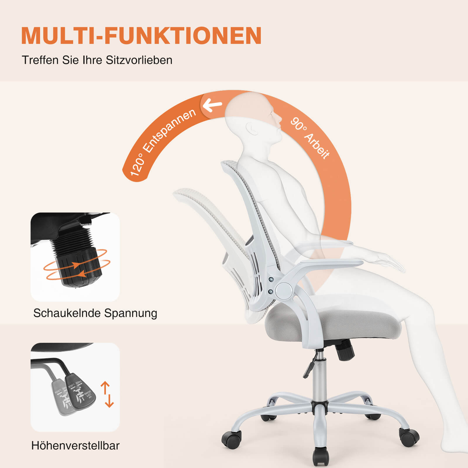 Ergonomische Home Mesh Office Schreibtischstühle mit Flip up Armlehnen, Lendenwirbelstütze