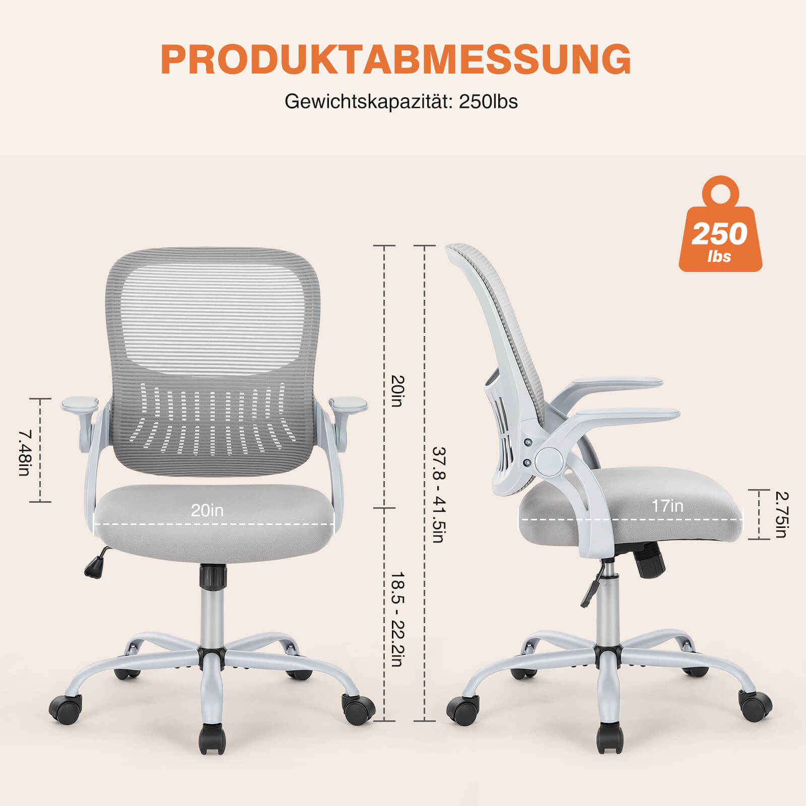 Ergonomische Home Mesh Office Schreibtischstühle mit Flip up Armlehnen, Lendenwirbelstütze