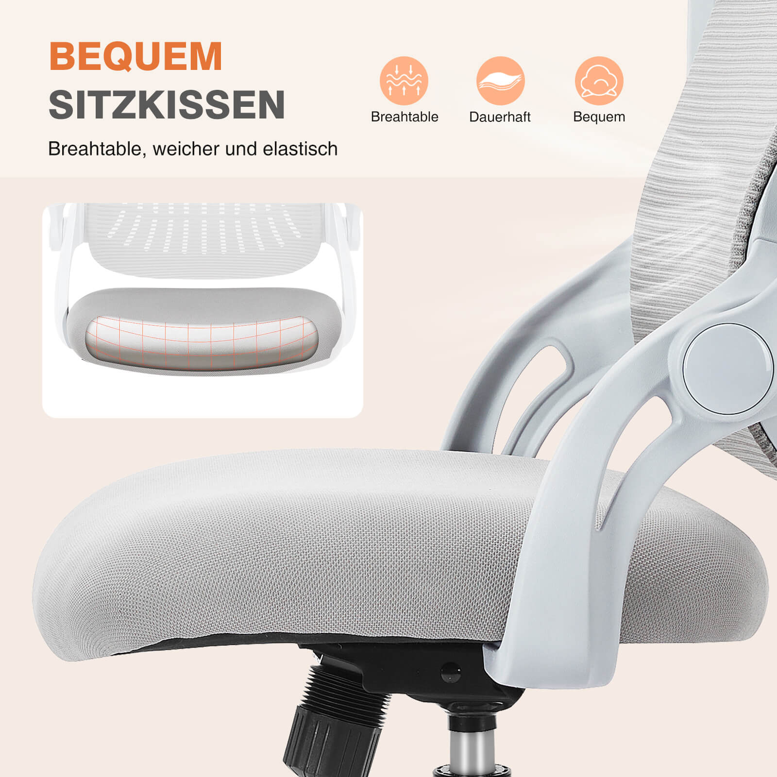 Ergonomische Home Mesh Office Schreibtischstühle mit Flip up Armlehnen, Lendenwirbelstütze