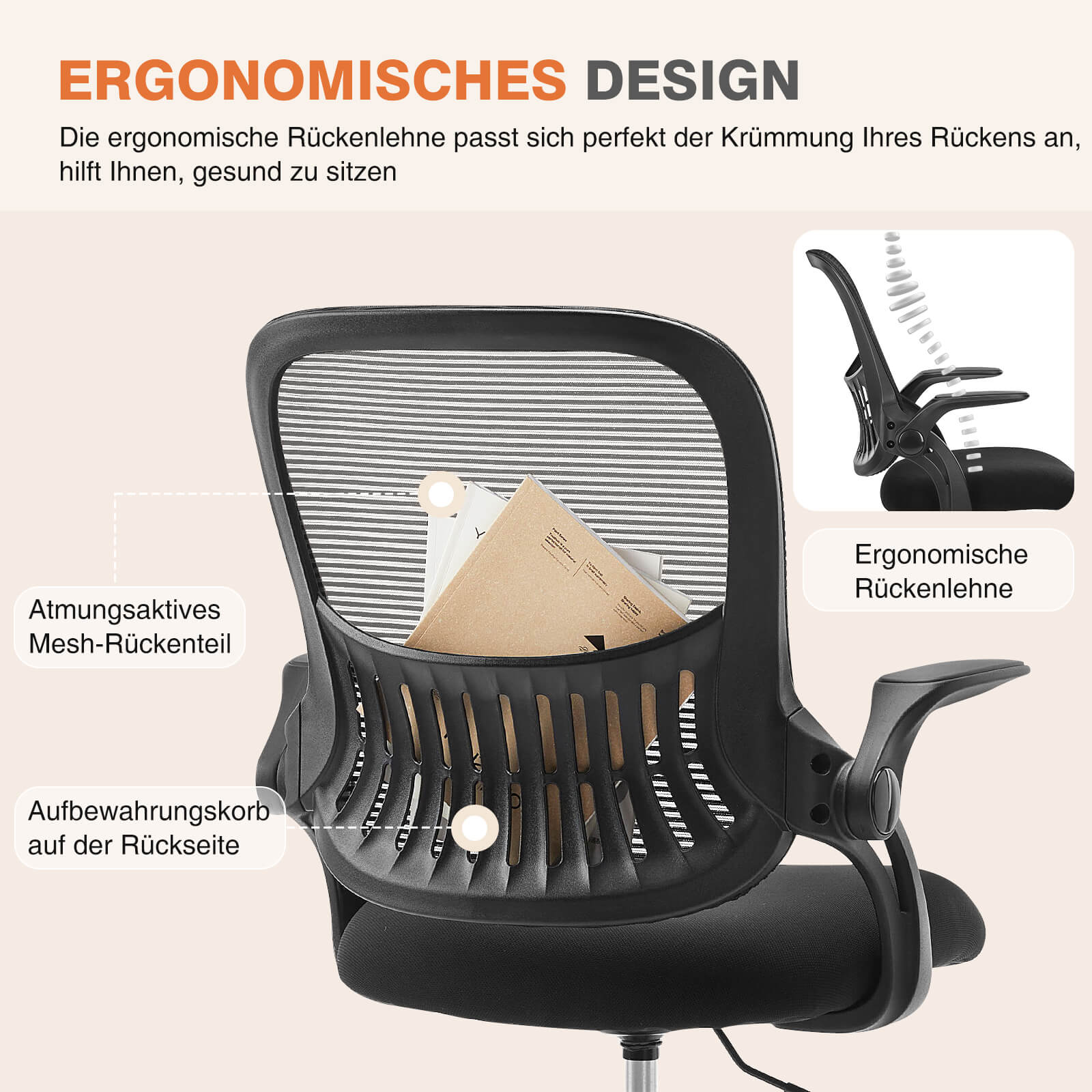 Ergonomische Home Mesh Office Schreibtischstühle mit Flip up Armlehnen, Lendenwirbelstütze