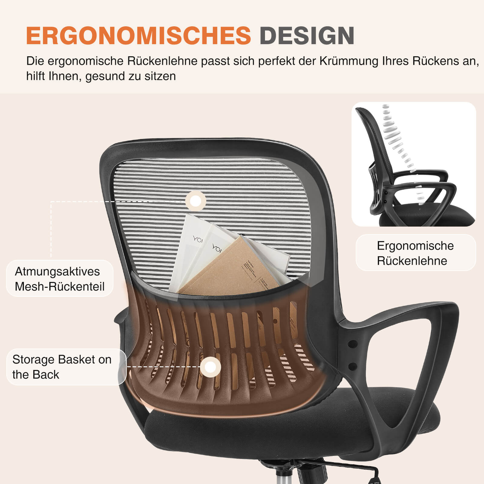 Ergonomische Home Mesh Office Schreibtischstühle mit Flip up Armlehnen, Lendenwirbelstütze
