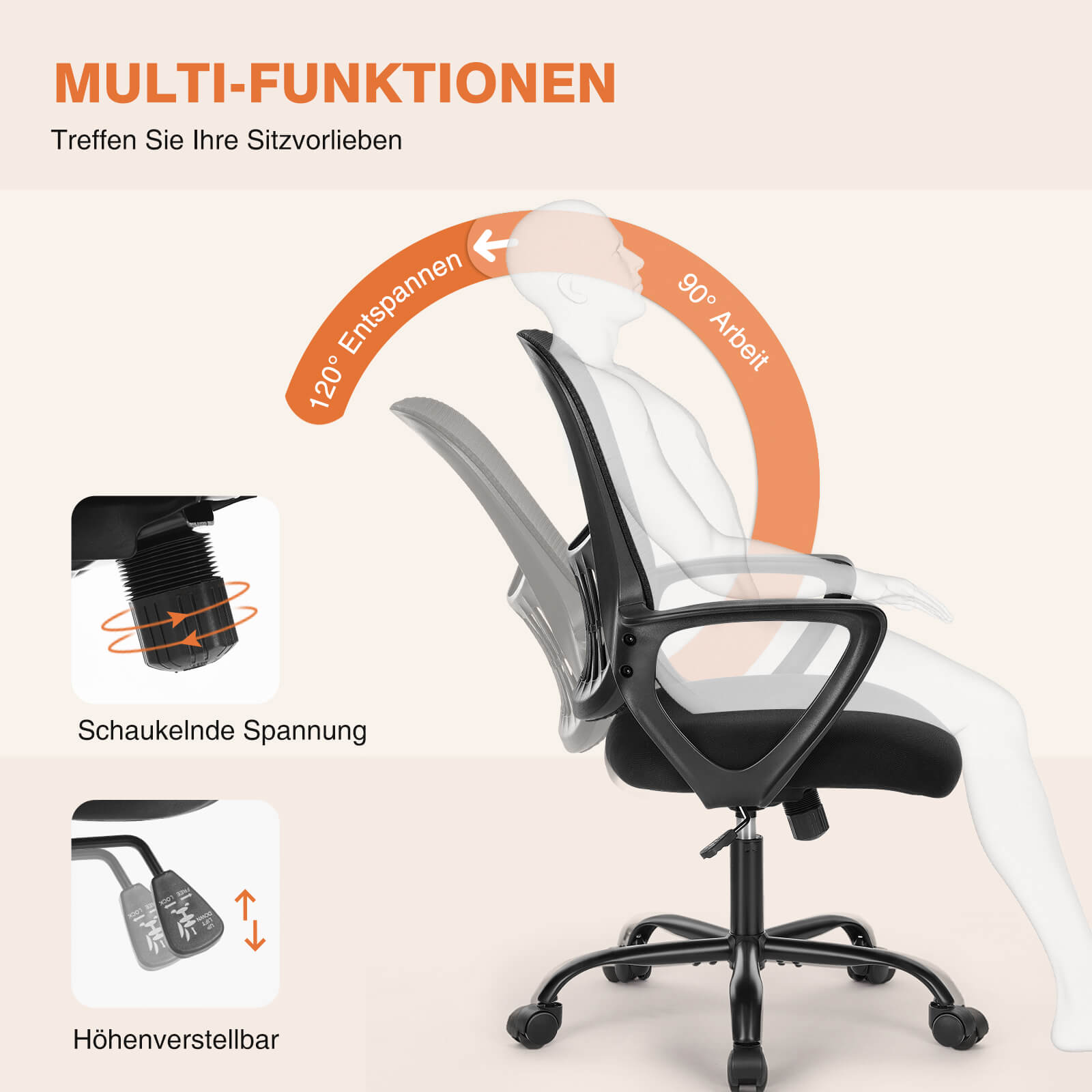 Ergonomische Home Mesh Office Schreibtischstühle mit Flip up Armlehnen, Lendenwirbelstütze