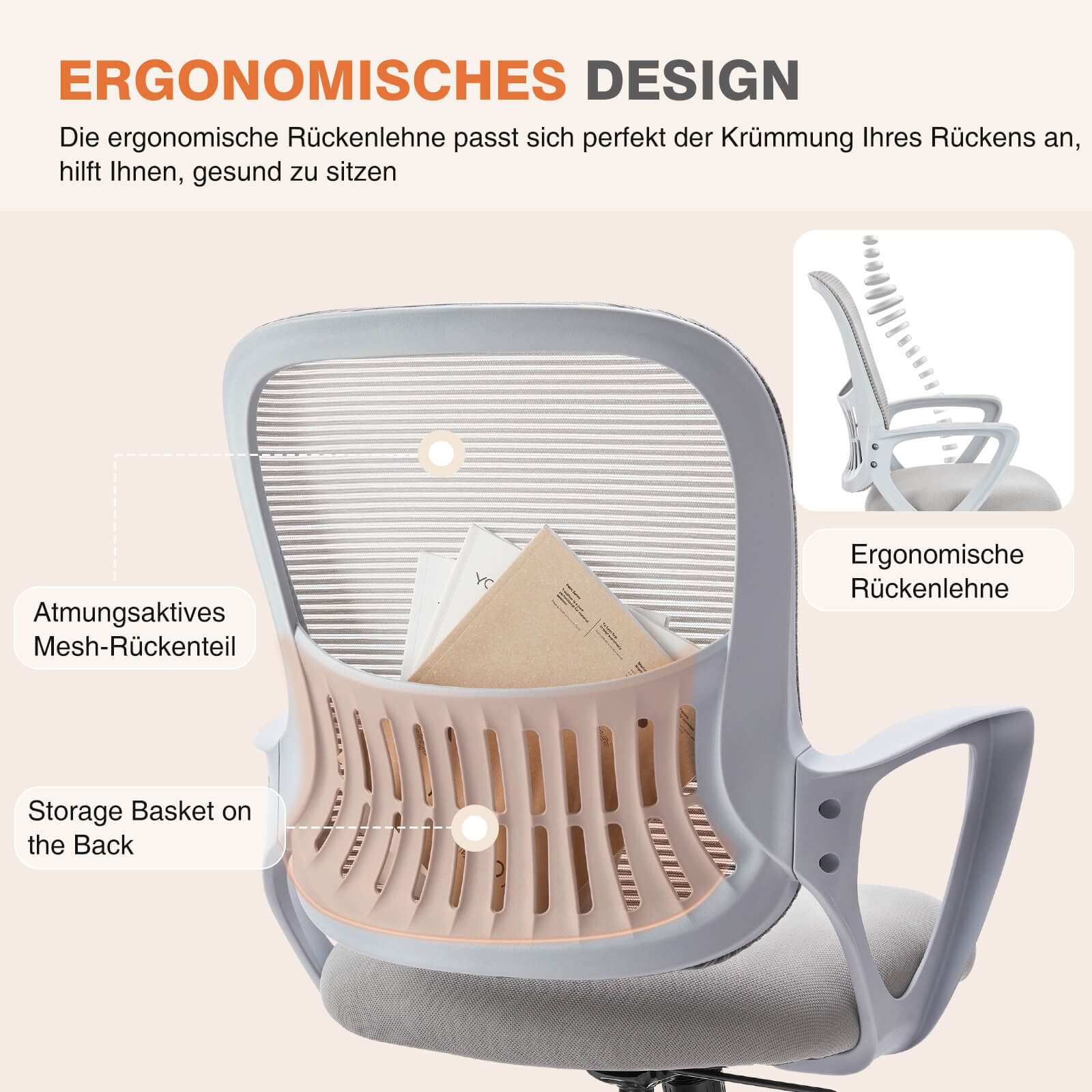 Ergonomische Home Mesh Office Schreibtischstühle mit Flip up Armlehnen, Lendenwirbelstütze