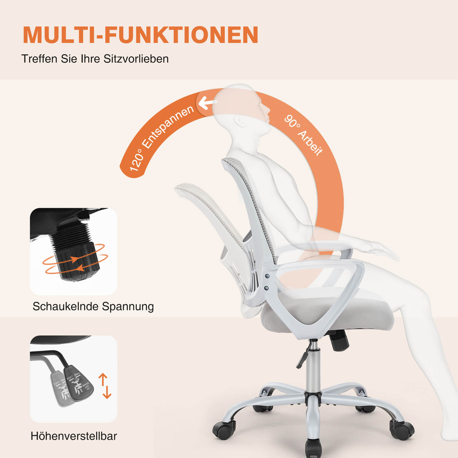 Ergonomische Home Mesh Office Schreibtischstühle mit Flip up Armlehnen, Lendenwirbelstütze