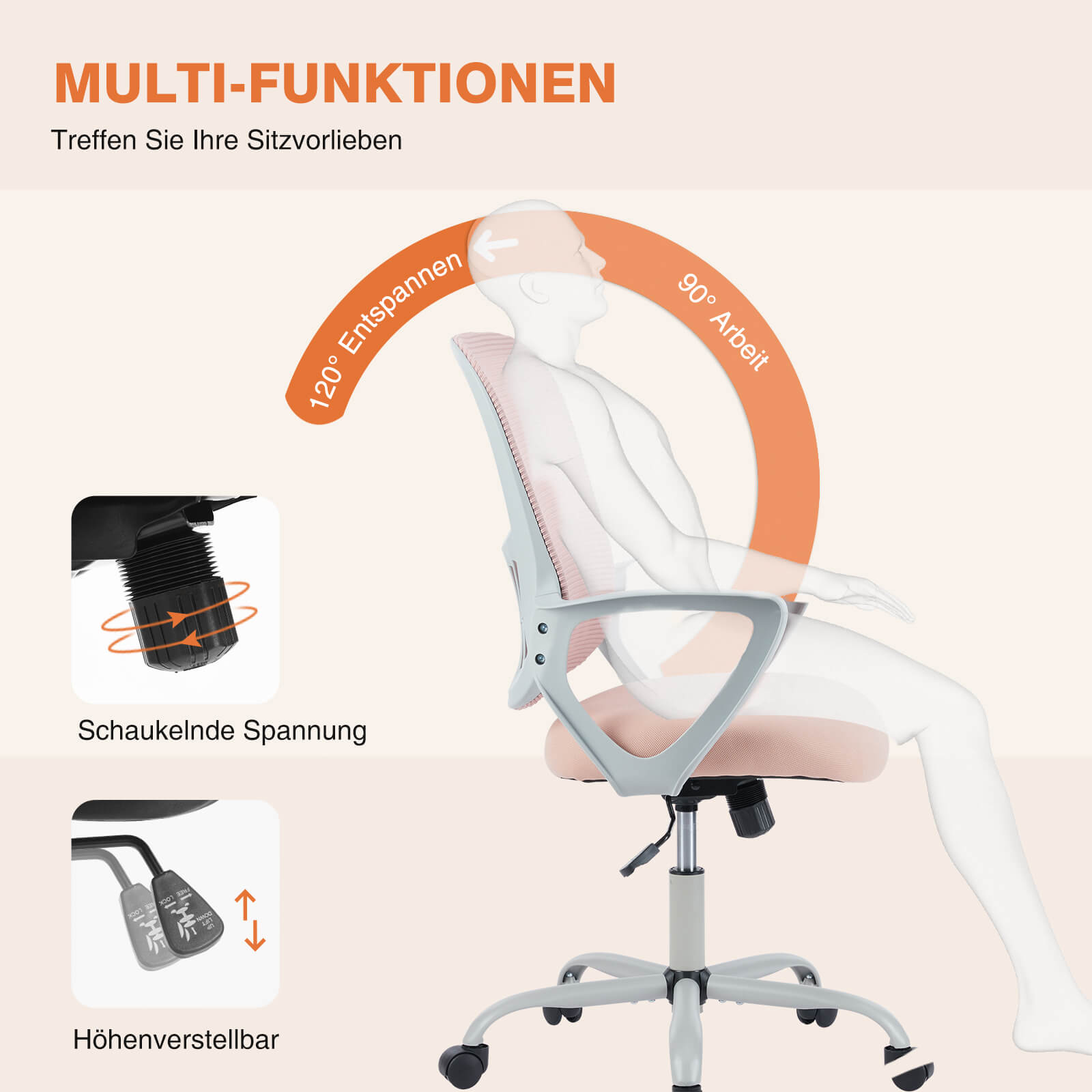 Ergonomische Home Mesh Office Schreibtischstühle mit Flip up Armlehnen, Lendenwirbelstütze