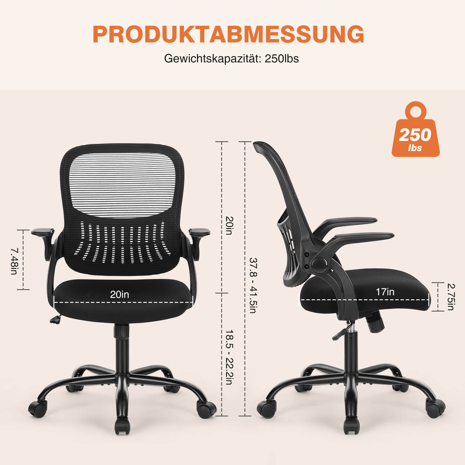 Ergonomische Home Mesh Office Schreibtischstühle mit Flip up Armlehnen, Lendenwirbelstütze