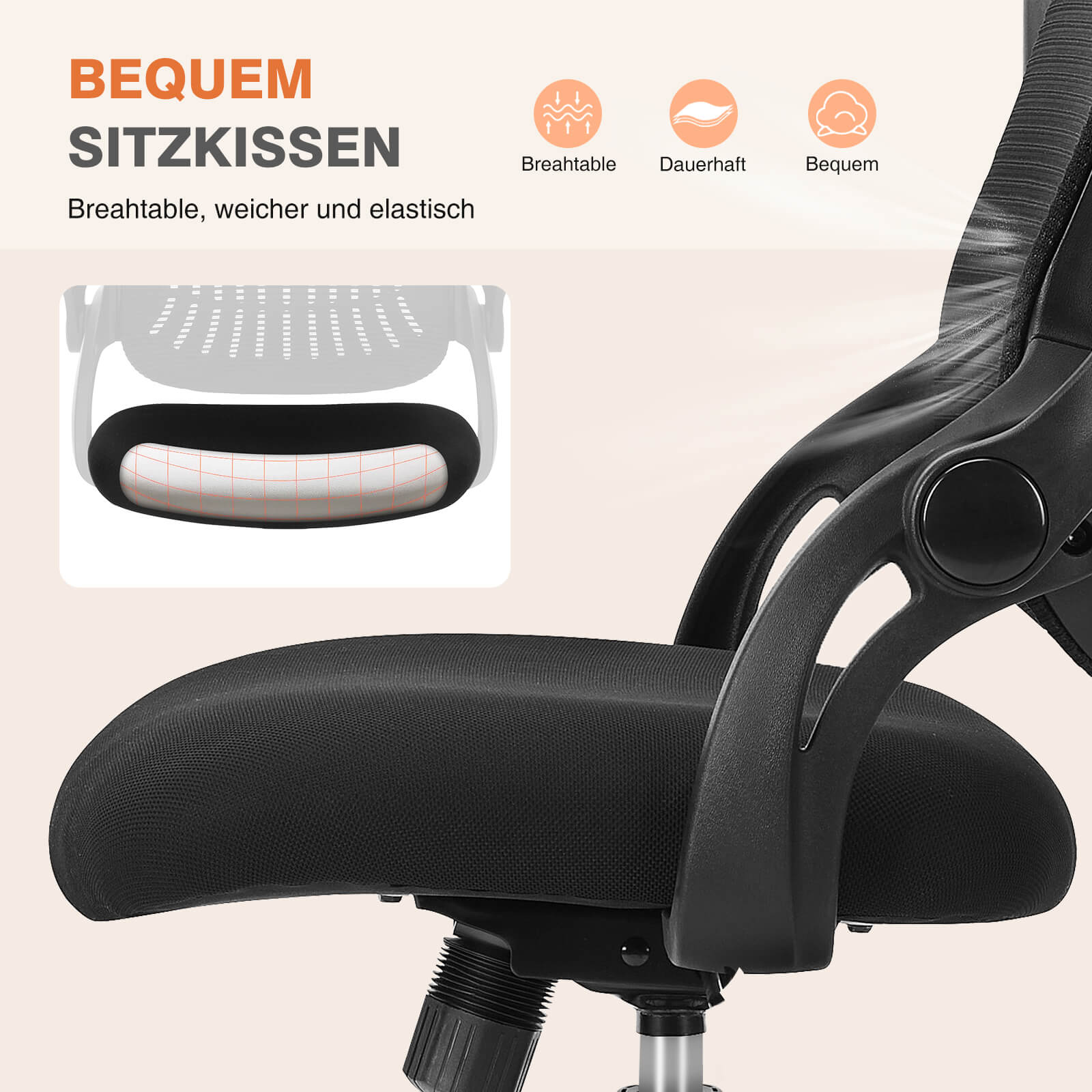 Ergonomische Home Mesh Office Schreibtischstühle mit Flip up Armlehnen, Lendenwirbelstütze