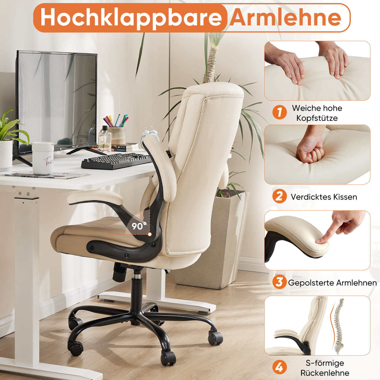 PU-Leder-Bürostuhl mit verstellbarer hochklappbarer Armlehne, Lendenwirbelstütze, starkes Metallgestell