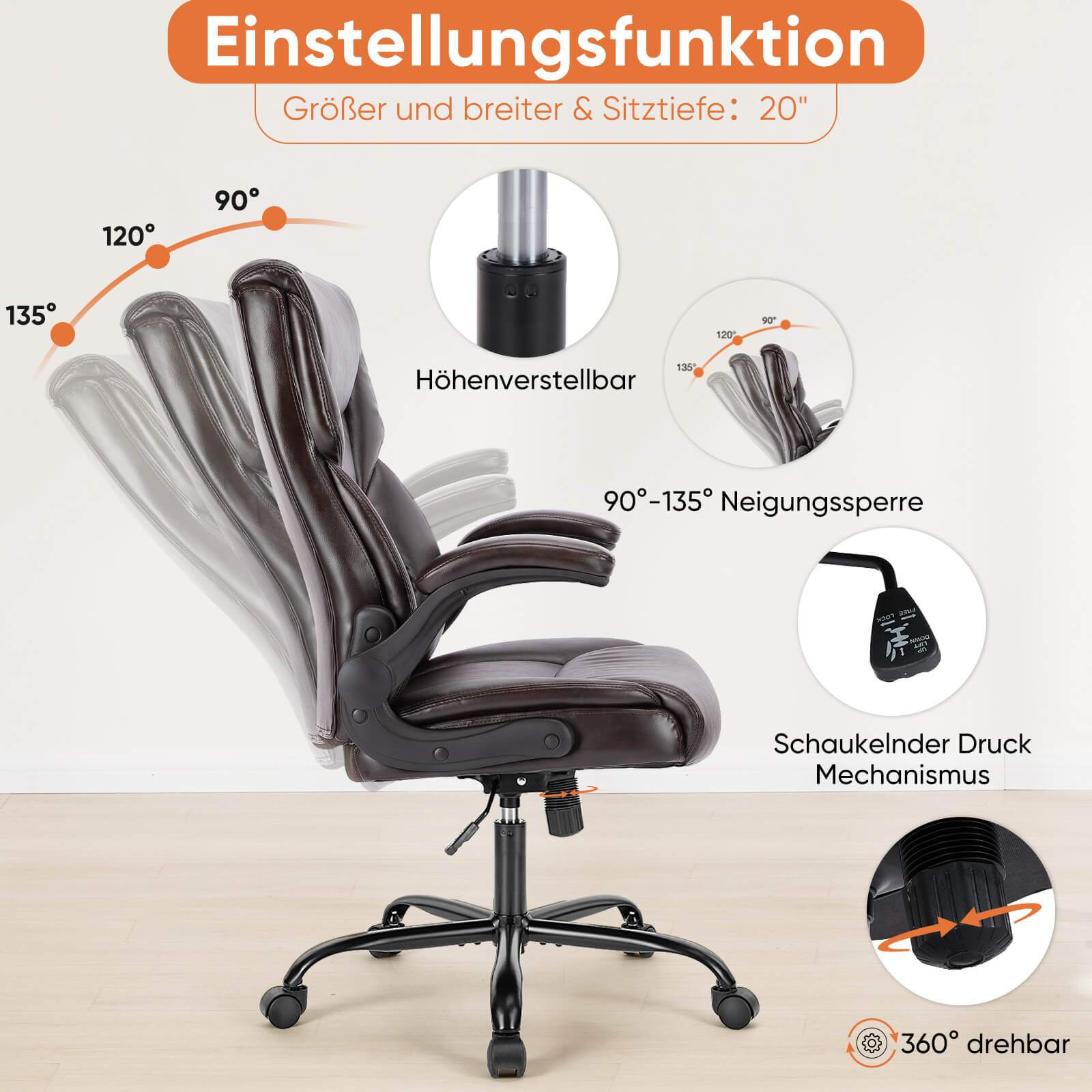 PU-Leder-Bürostuhl mit verstellbarer hochklappbarer Armlehne, Lendenwirbelstütze, starkes Metallgestell