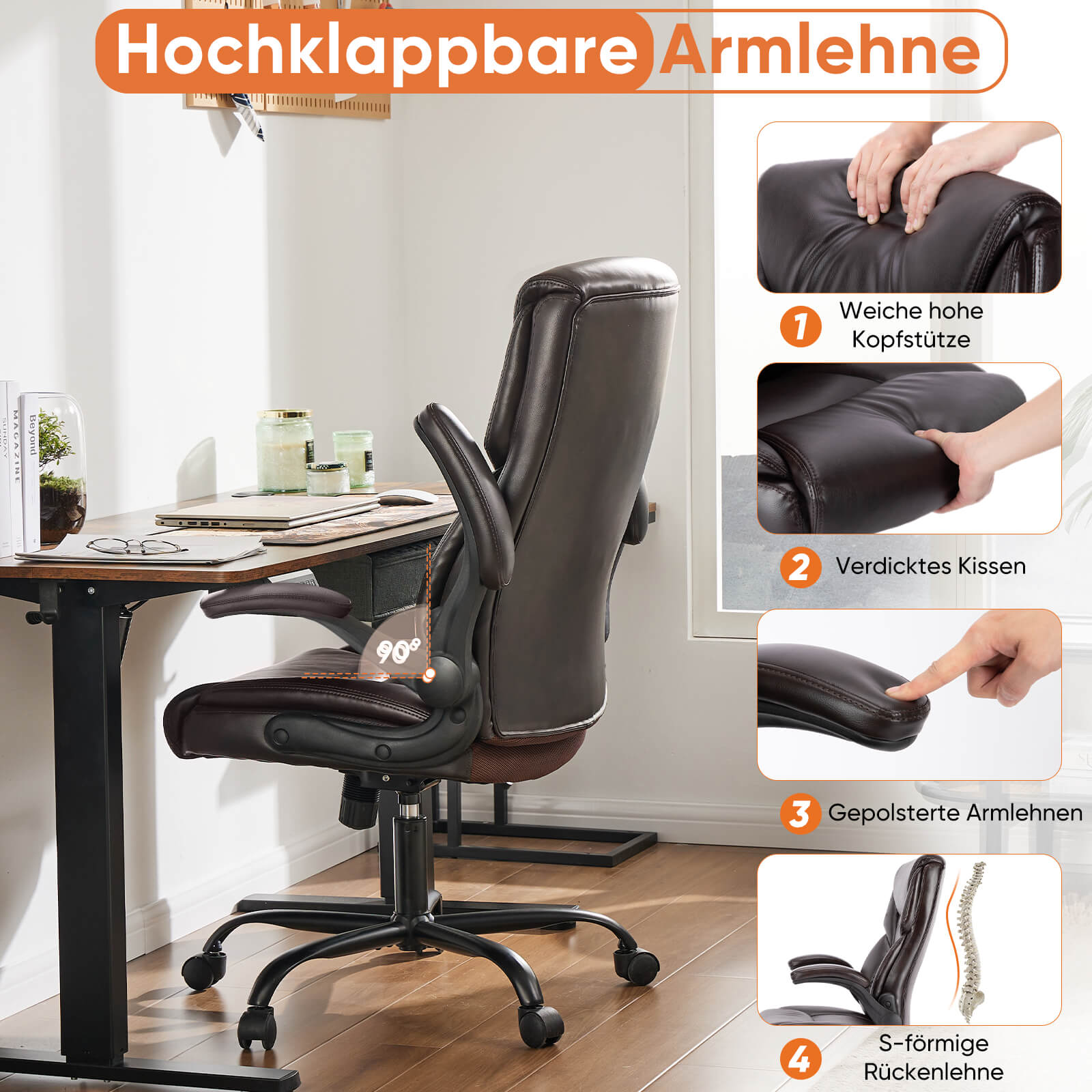 PU-Leder-Bürostuhl mit verstellbarer hochklappbarer Armlehne, Lendenwirbelstütze, starkes Metallgestell