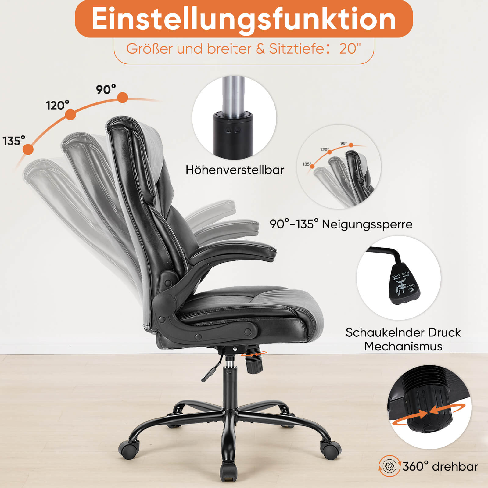 PU-Leder-Bürostuhl mit verstellbarer hochklappbarer Armlehne, Lendenwirbelstütze, starkes Metallgestell