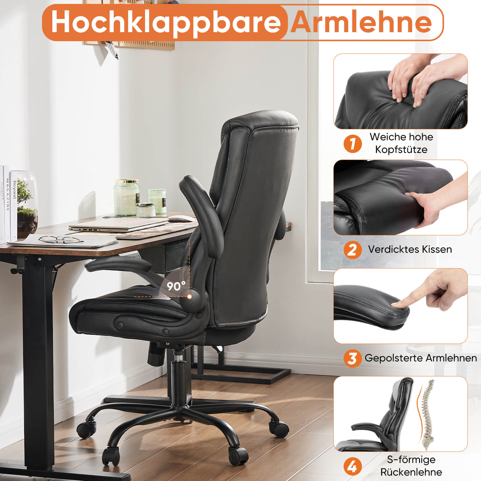 PU-Leder-Bürostuhl mit verstellbarer hochklappbarer Armlehne, Lendenwirbelstütze, starkes Metallgestell