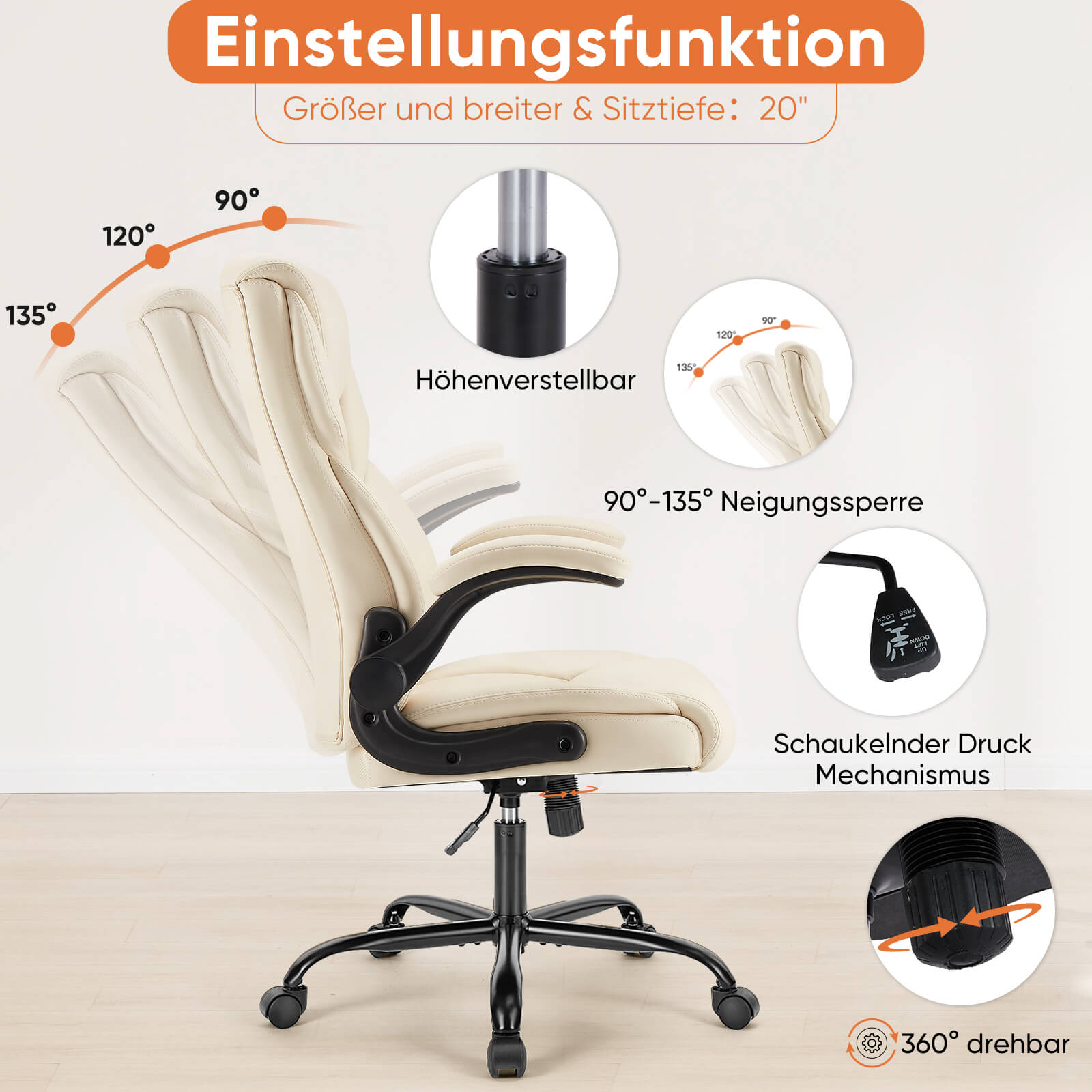 PU-Leder-Bürostuhl mit verstellbarer hochklappbarer Armlehne, Lendenwirbelstütze, starkes Metallgestell