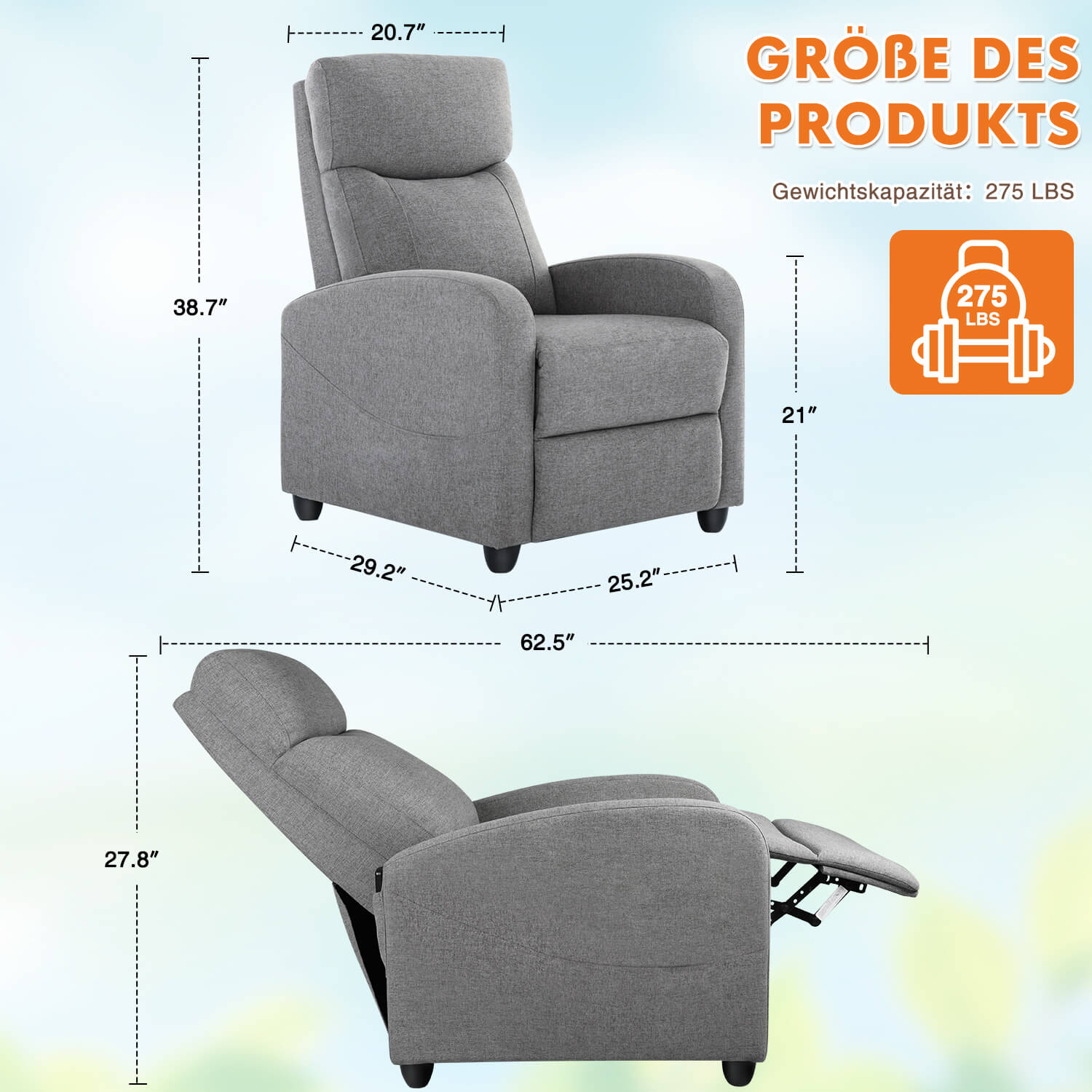 Manual Recliner Chair Winback Single Sofa, Massage und Heizung, Casual Stuhl für Wohnzimmer