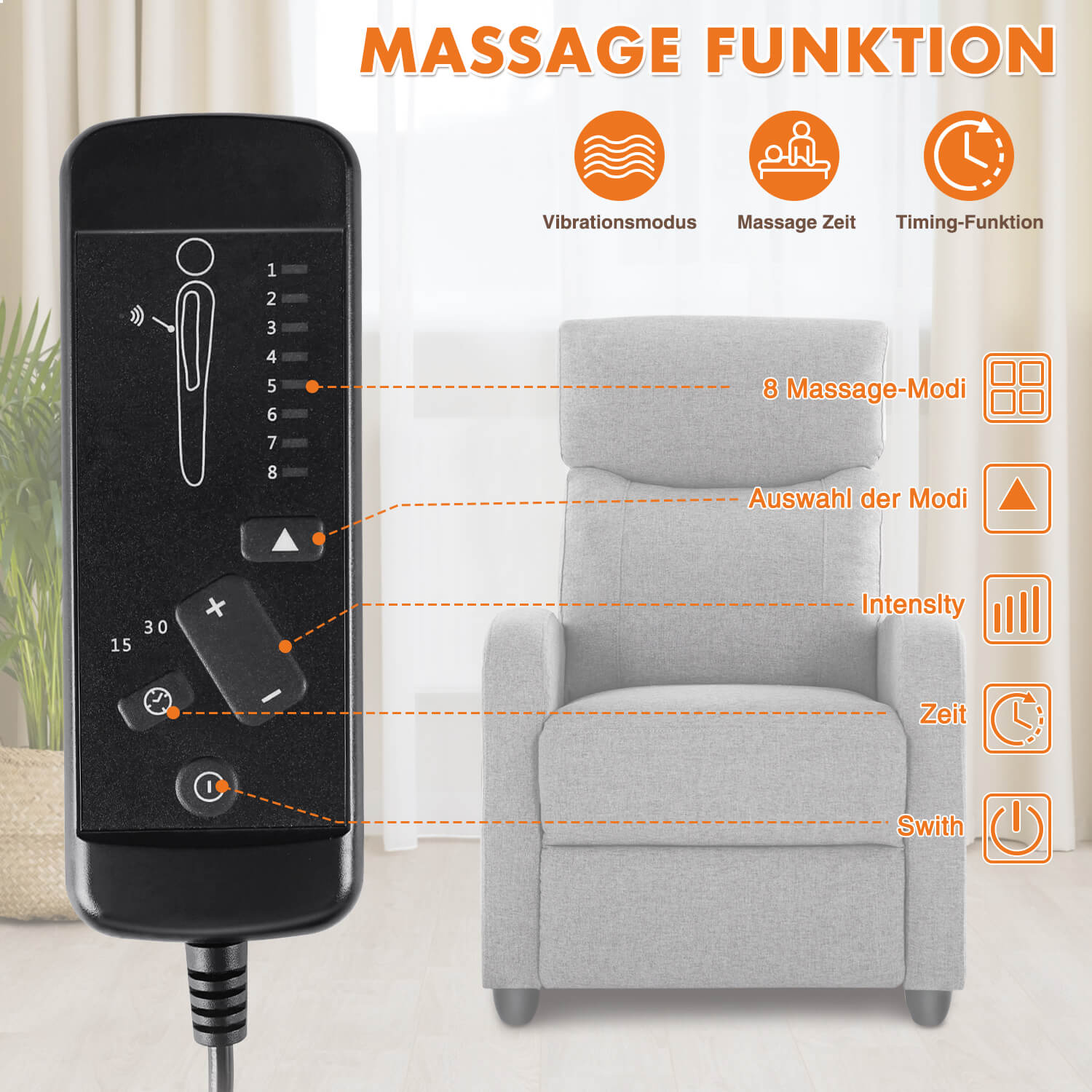 Manual Recliner Chair Winback Single Sofa, Massage und Heizung, Casual Stuhl für Wohnzimmer
