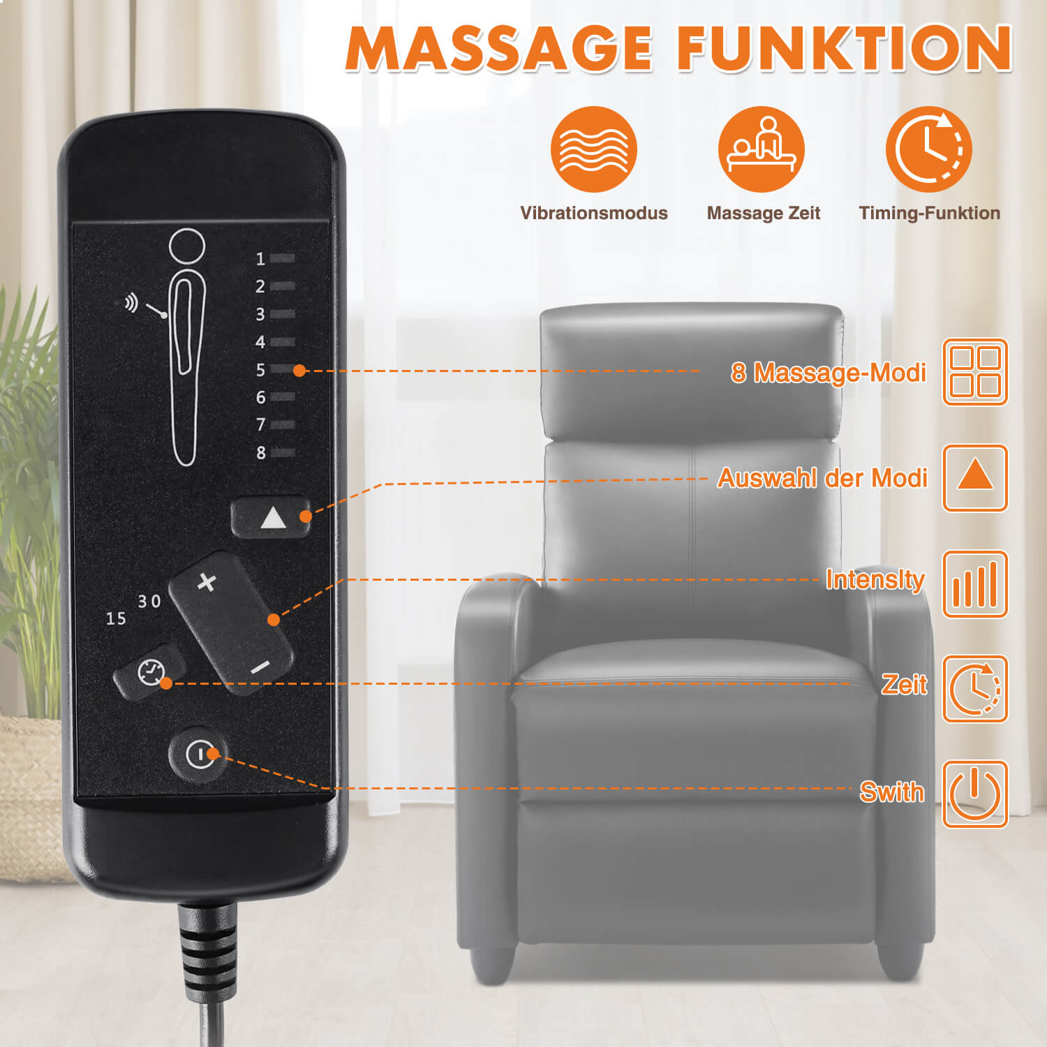 Manual Recliner Chair Winback Single Sofa, Massage und Heizung, Casual Stuhl für Wohnzimmer