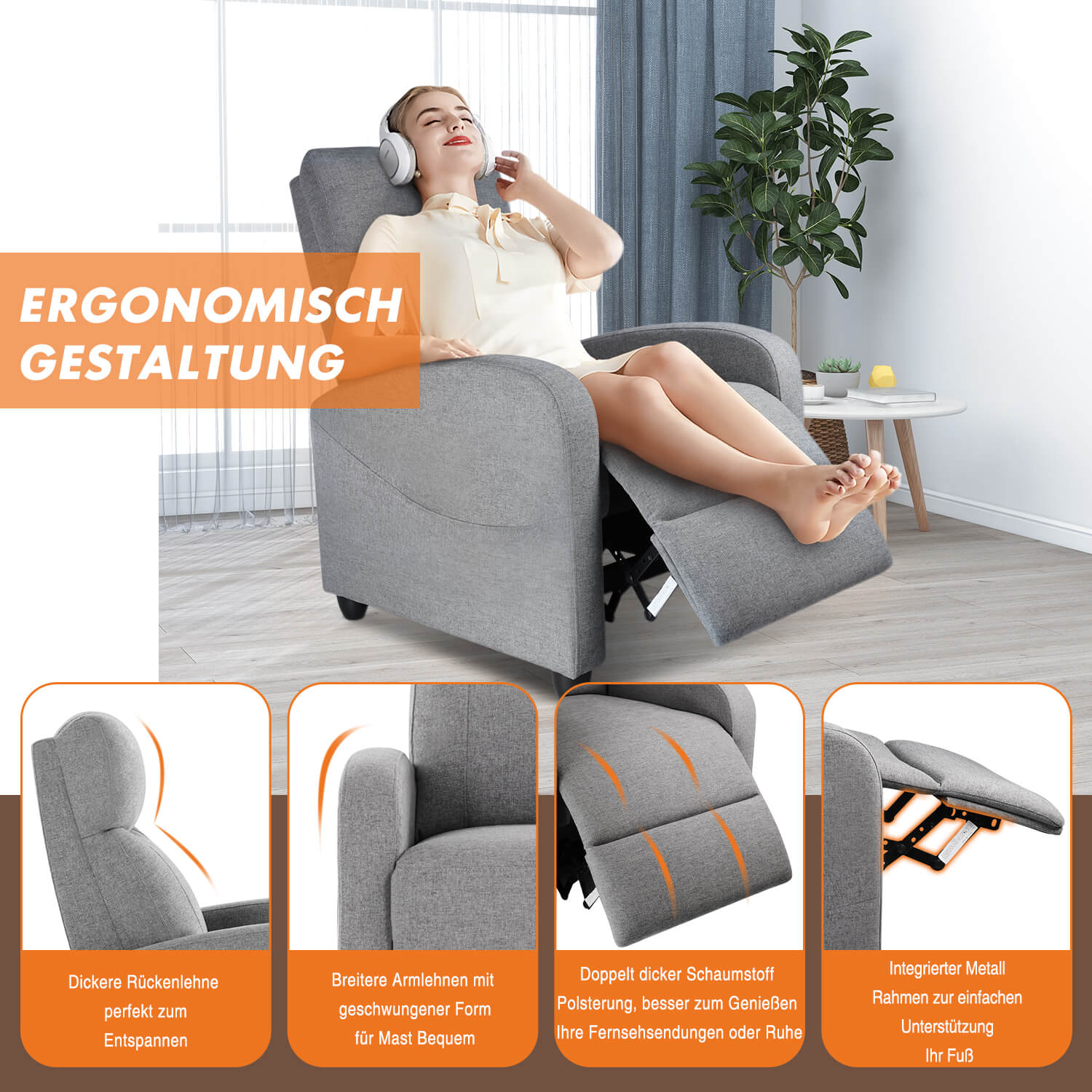 Manual Recliner Chair Winback Single Sofa, Massage und Heizung, Casual Stuhl für Wohnzimmer