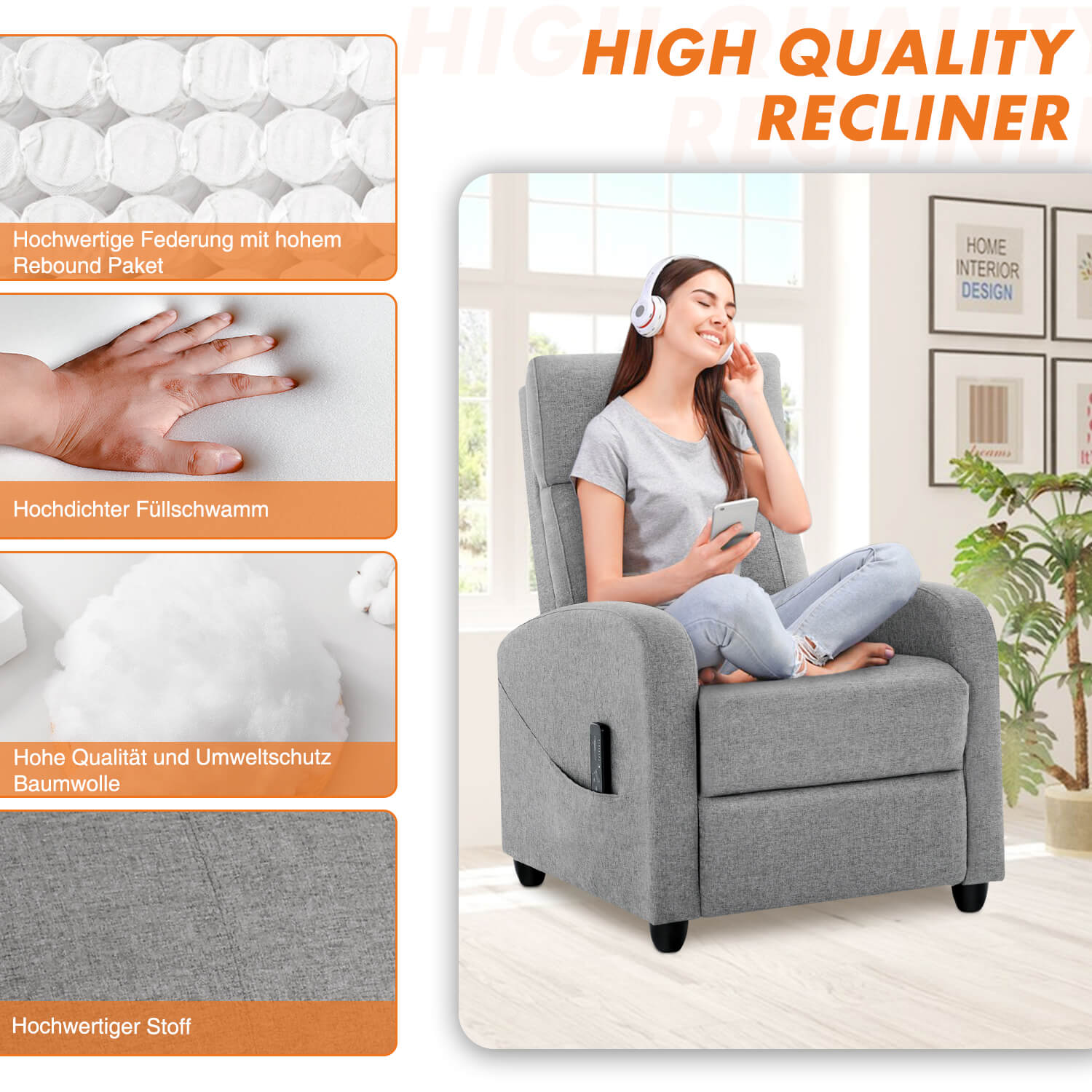Manual Recliner Chair Winback Single Sofa, Massage und Heizung, Casual Stuhl für Wohnzimmer