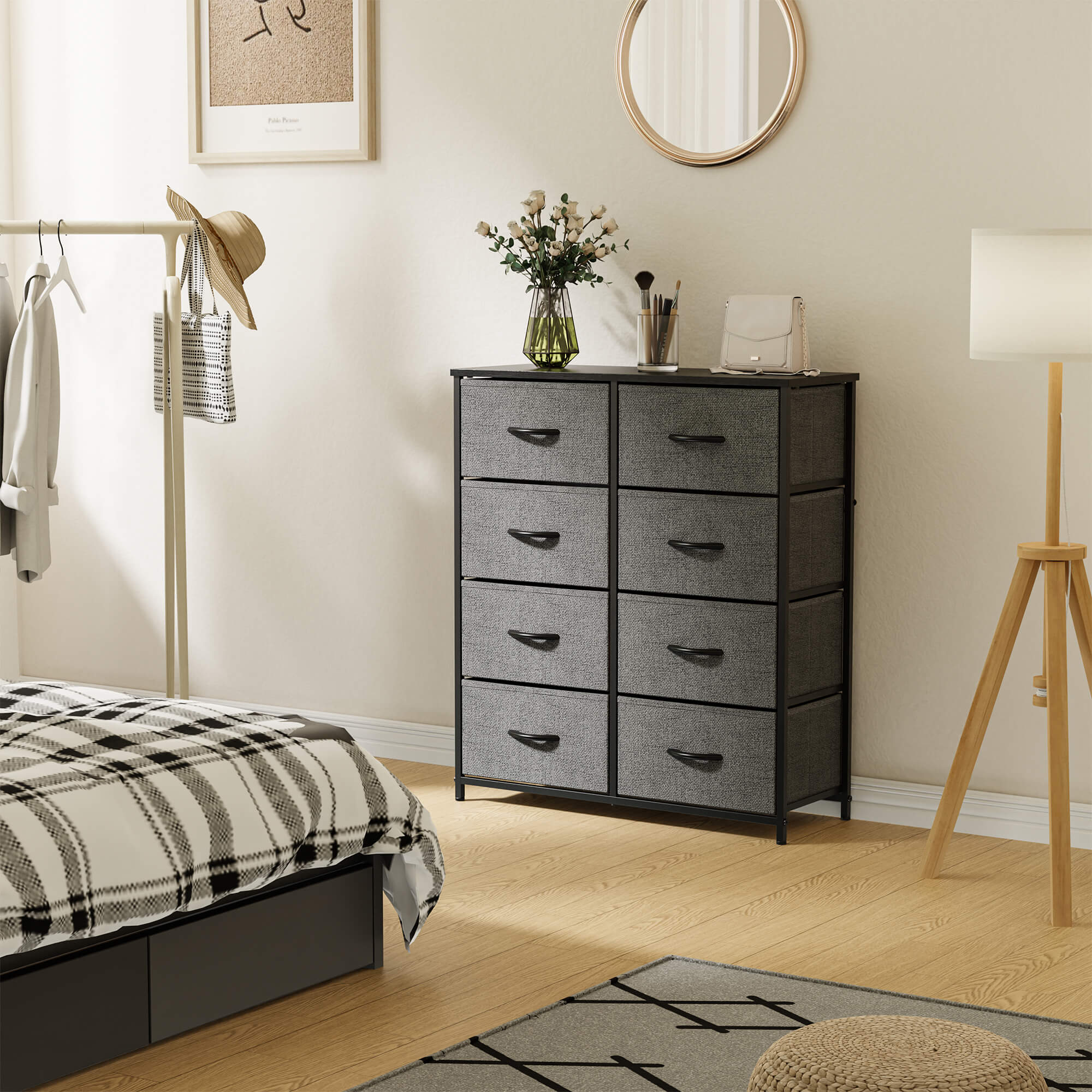 Hohe Dresser Fabric Storage Tower mit 8 Fabric Bins Schubladen, hölzerne Top für Kinderzimmer, Schrank, Eingang, Kinderzimmer