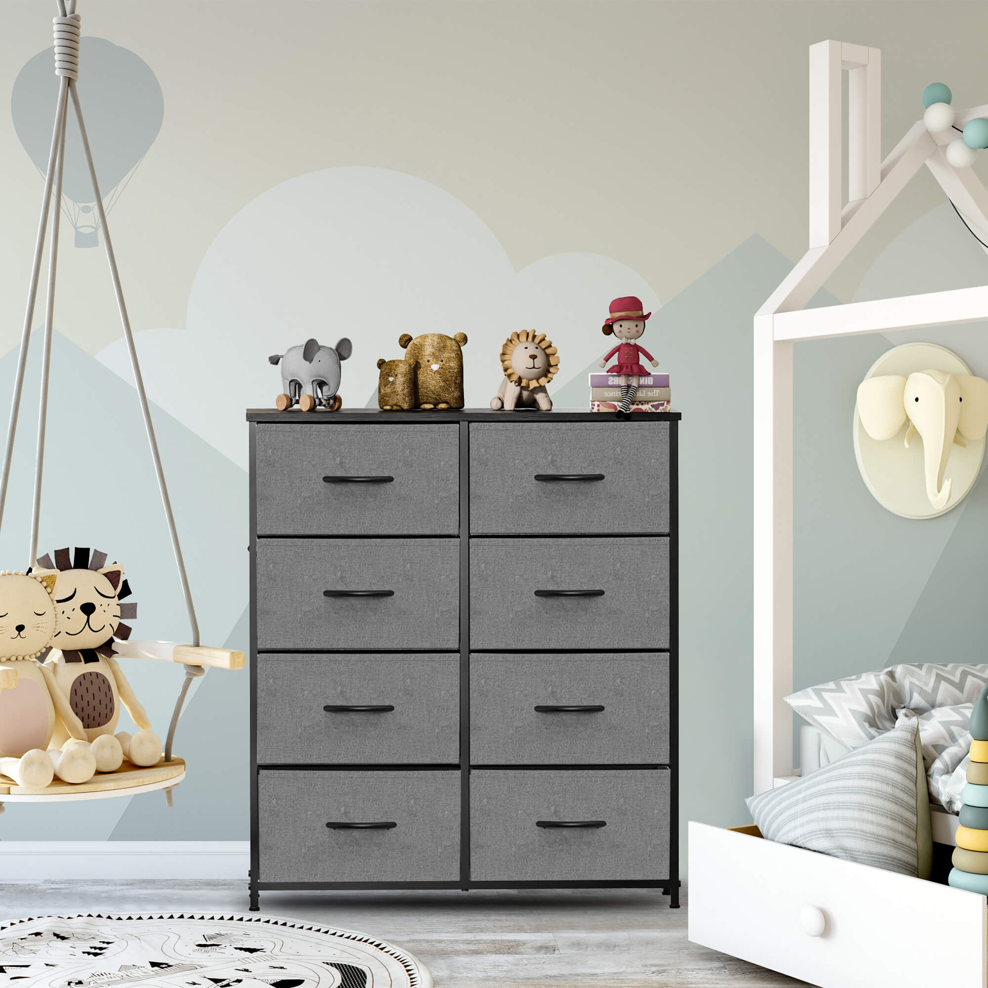 Hohe Dresser Fabric Storage Tower mit 8 Fabric Bins Schubladen, hölzerne Top für Kinderzimmer, Schrank, Eingang, Kinderzimmer