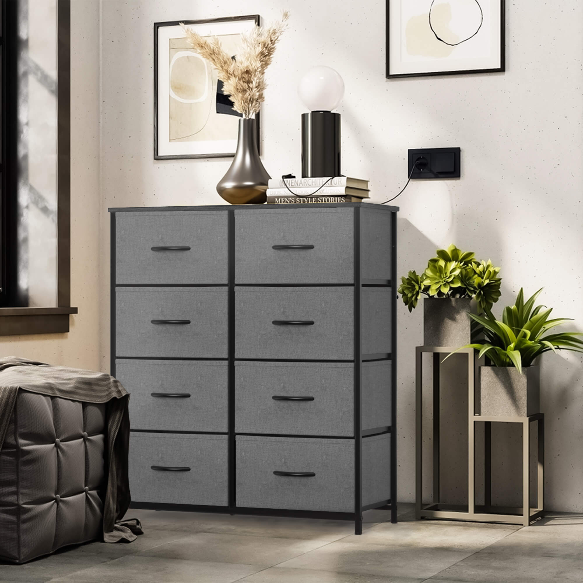 Hohe Dresser Fabric Storage Tower mit 8 Fabric Bins Schubladen, hölzerne Top für Kinderzimmer, Schrank, Eingang, Kinderzimmer