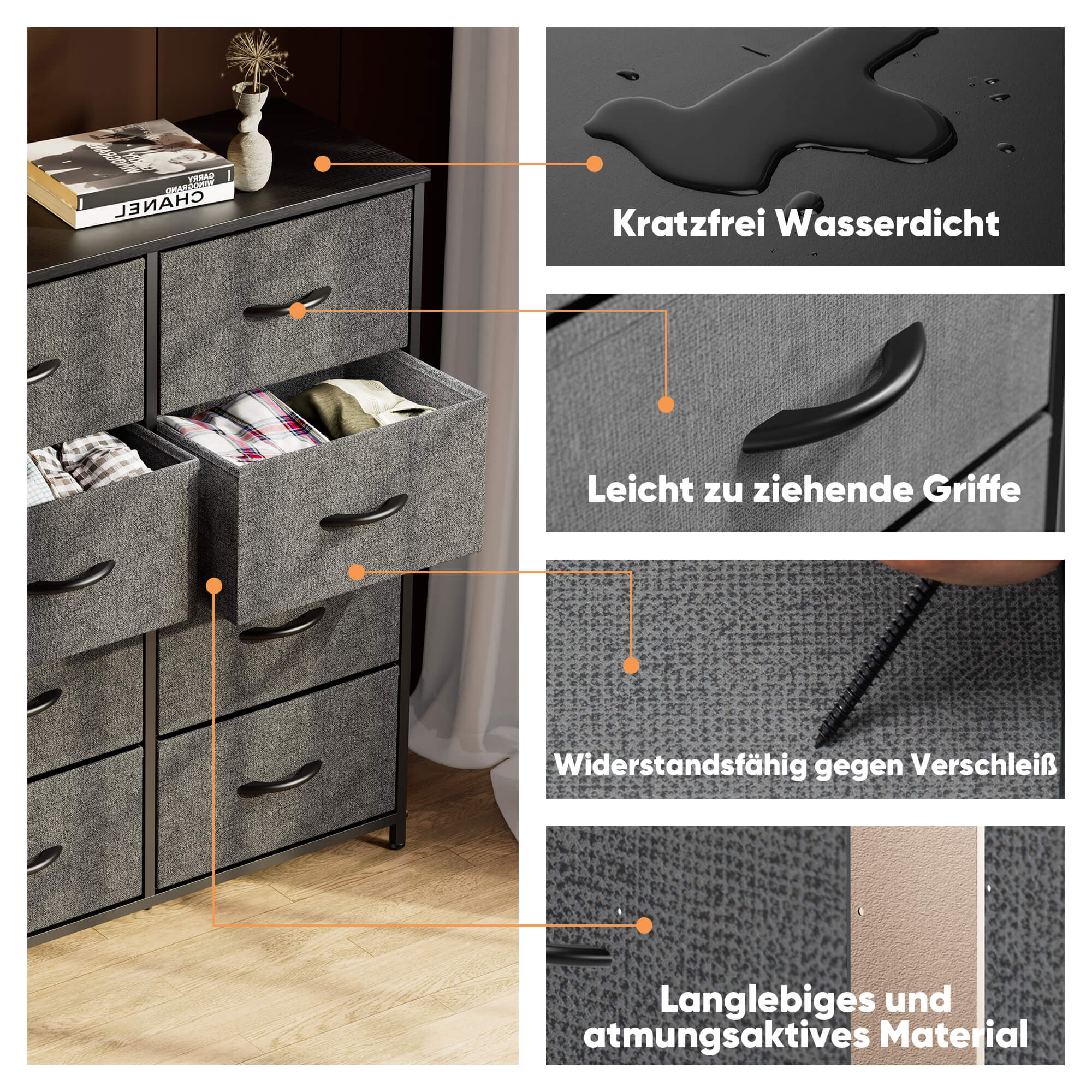 Hohe Dresser Fabric Storage Tower mit 8 Fabric Bins Schubladen, hölzerne Top für Kinderzimmer, Schrank, Eingang, Kinderzimmer