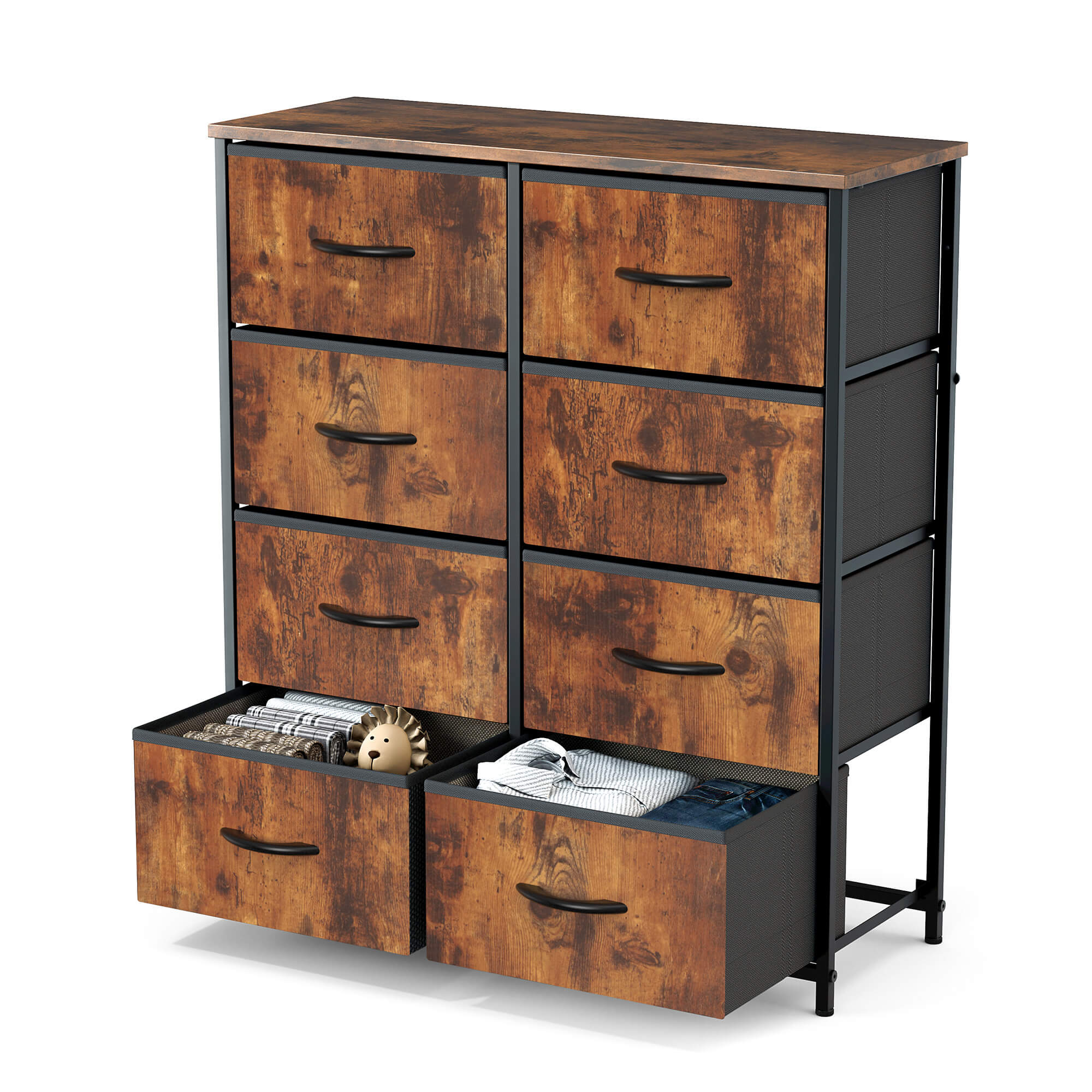 Hohe Dresser Fabric Storage Tower mit 8 Fabric Bins Schubladen, hölzerne Top für Kinderzimmer, Schrank, Eingang, Kinderzimmer