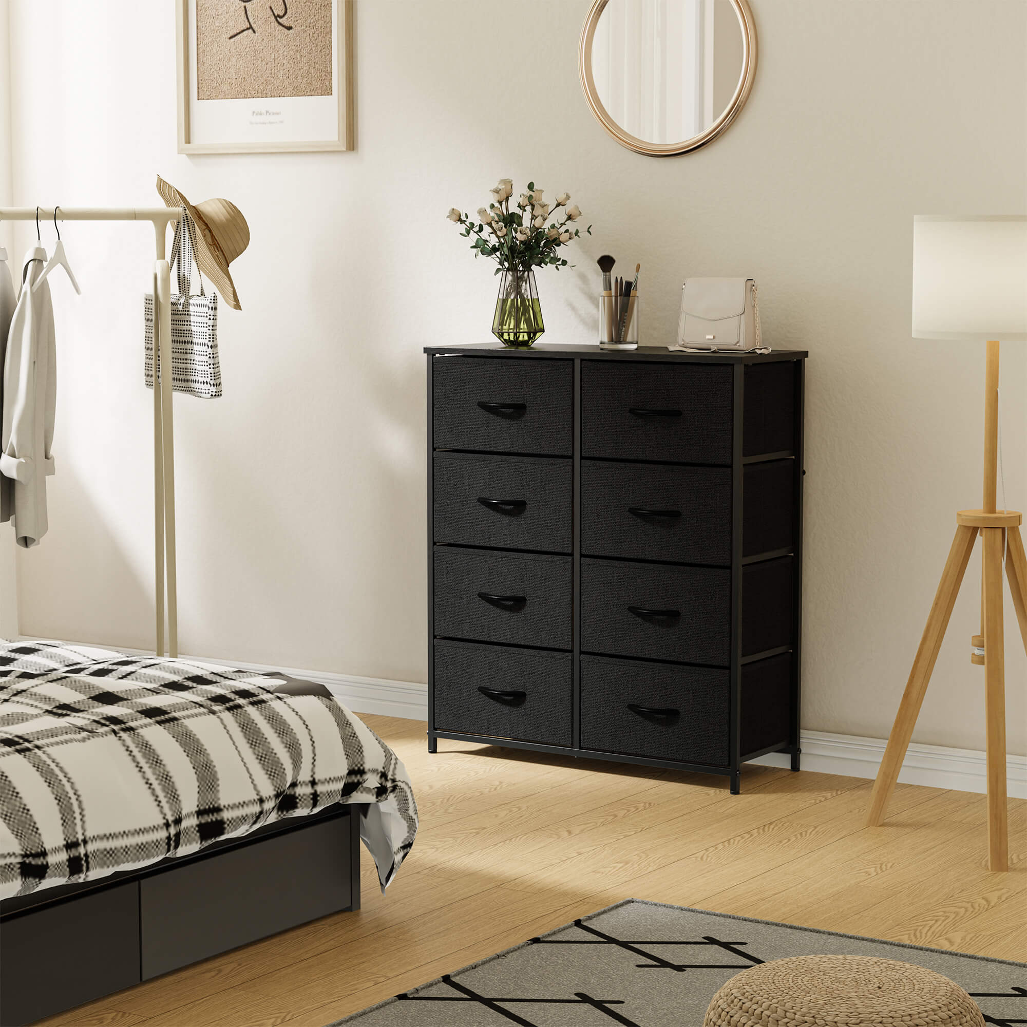 Hohe Dresser Fabric Storage Tower mit 8 Fabric Bins Schubladen, hölzerne Top für Kinderzimmer, Schrank, Eingang, Kinderzimmer
