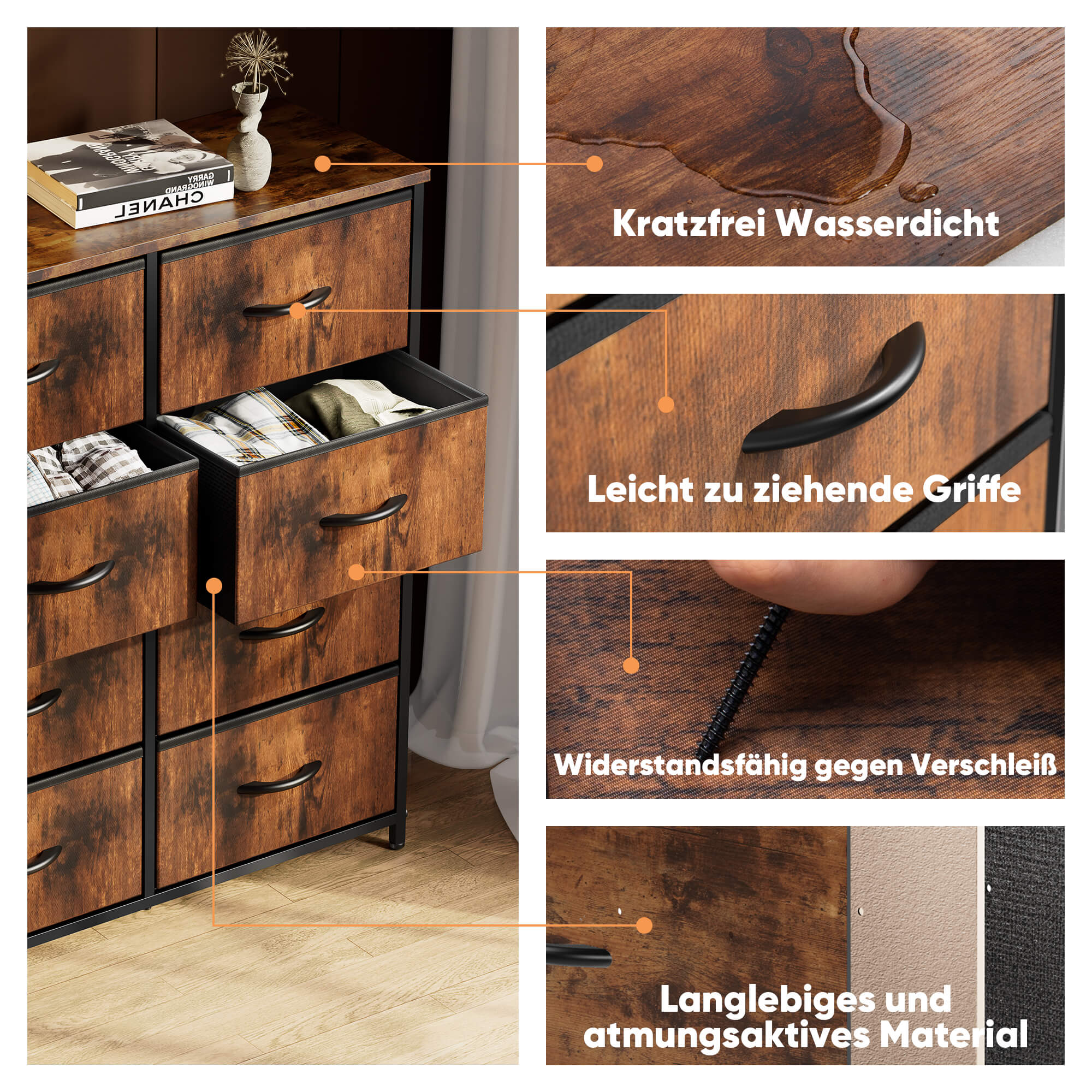 Hohe Dresser Fabric Storage Tower mit 8 Fabric Bins Schubladen, hölzerne Top für Kinderzimmer, Schrank, Eingang, Kinderzimmer