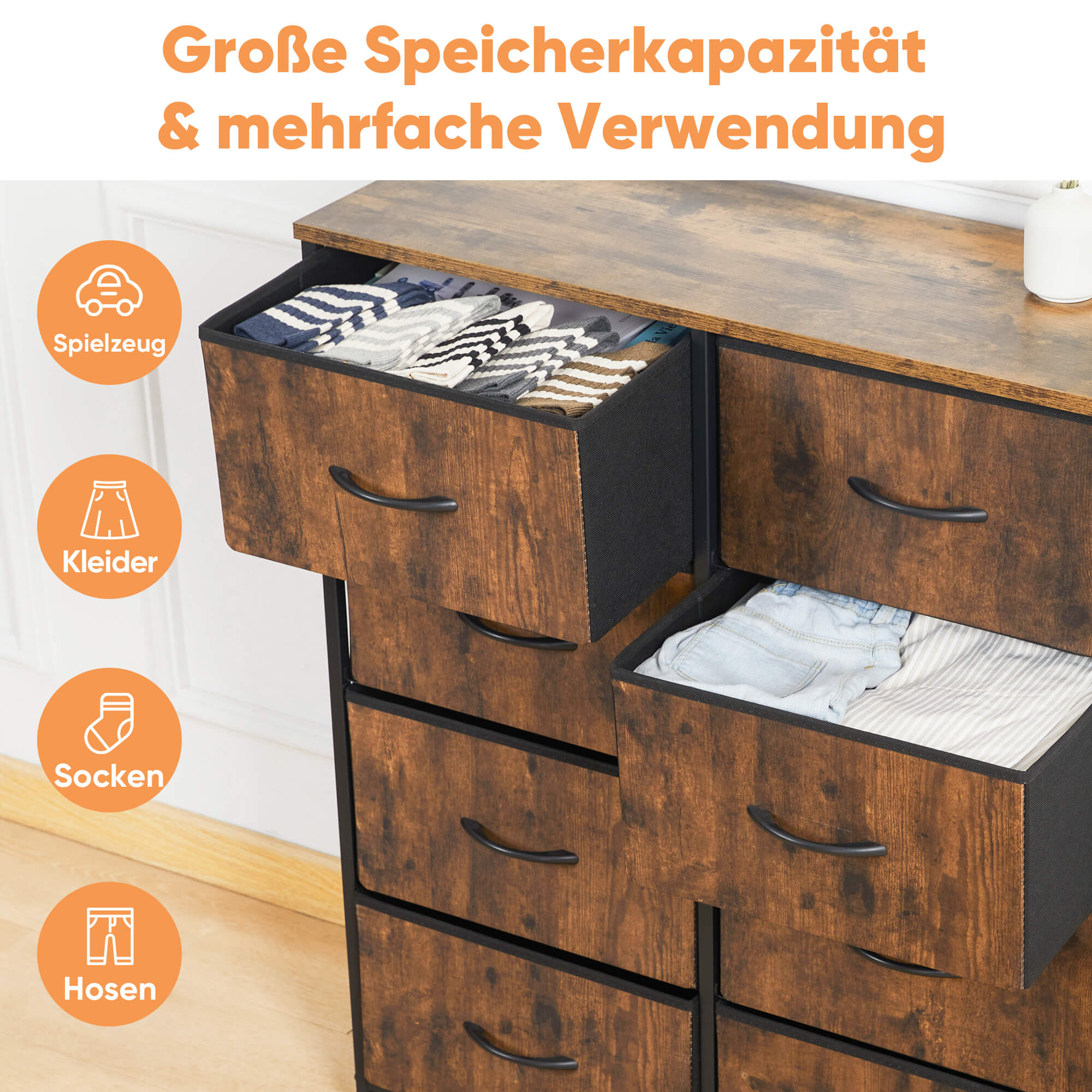 Hohe Dresser Fabric Storage Tower mit 8 Fabric Bins Schubladen, hölzerne Top für Kinderzimmer, Schrank, Eingang, Kinderzimmer