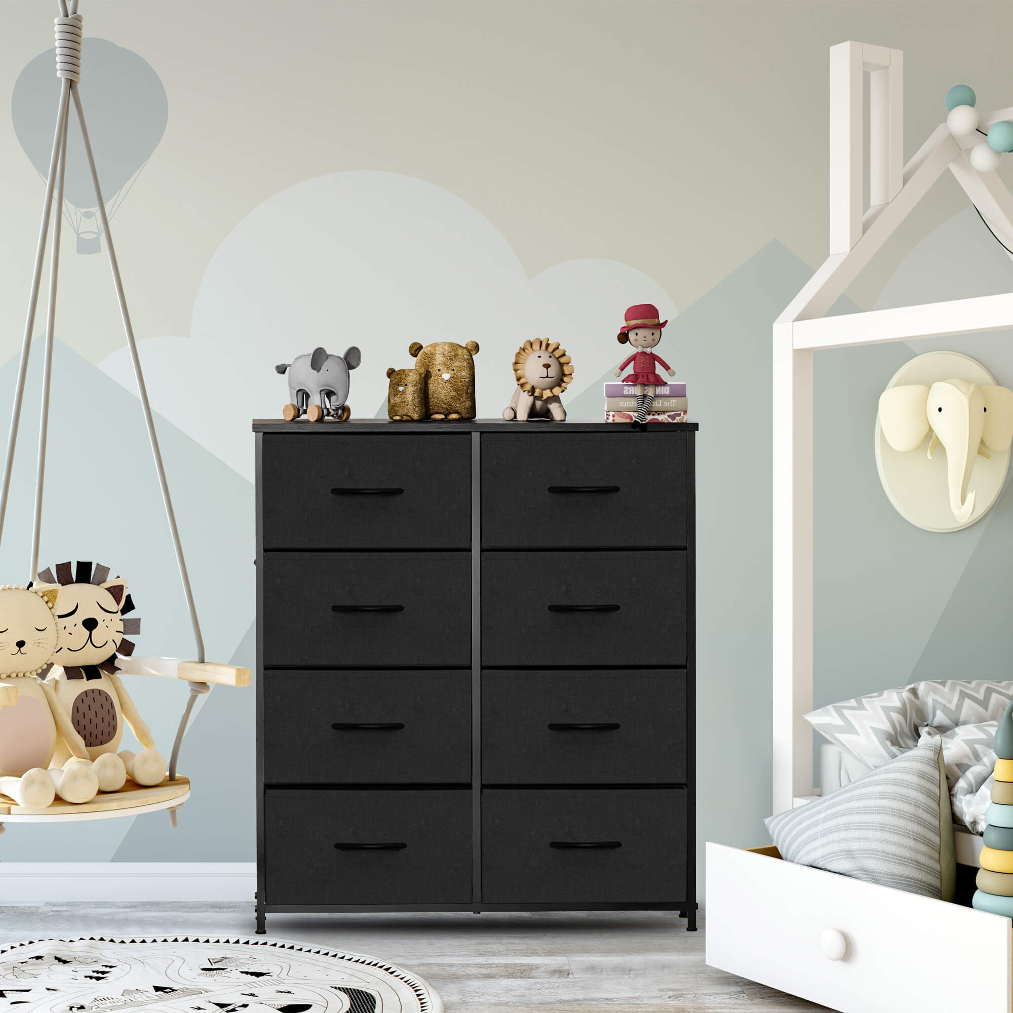 Hohe Dresser Fabric Storage Tower mit 8 Fabric Bins Schubladen, hölzerne Top für Kinderzimmer, Schrank, Eingang, Kinderzimmer
