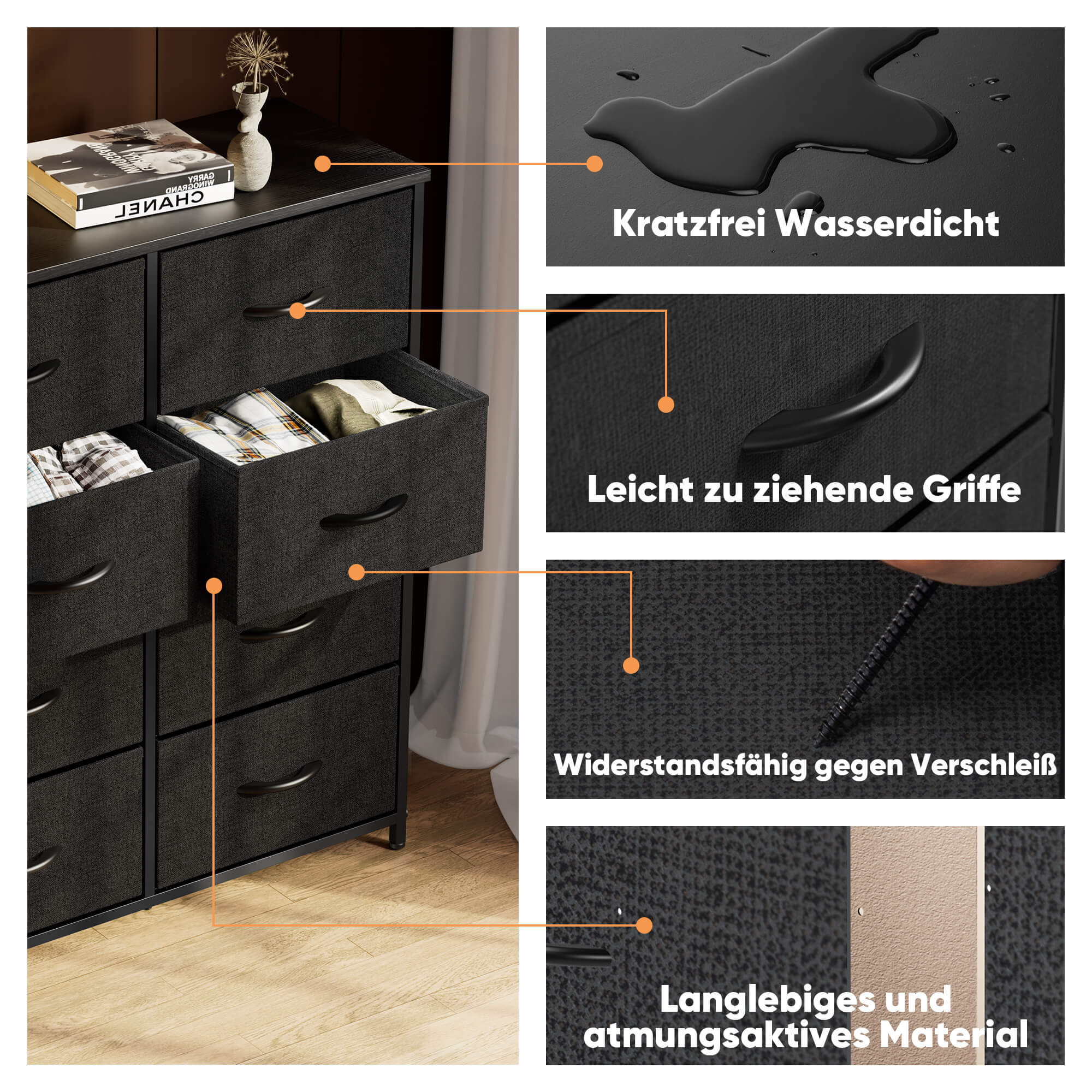 Hohe Dresser Fabric Storage Tower mit 8 Fabric Bins Schubladen, hölzerne Top für Kinderzimmer, Schrank, Eingang, Kinderzimmer