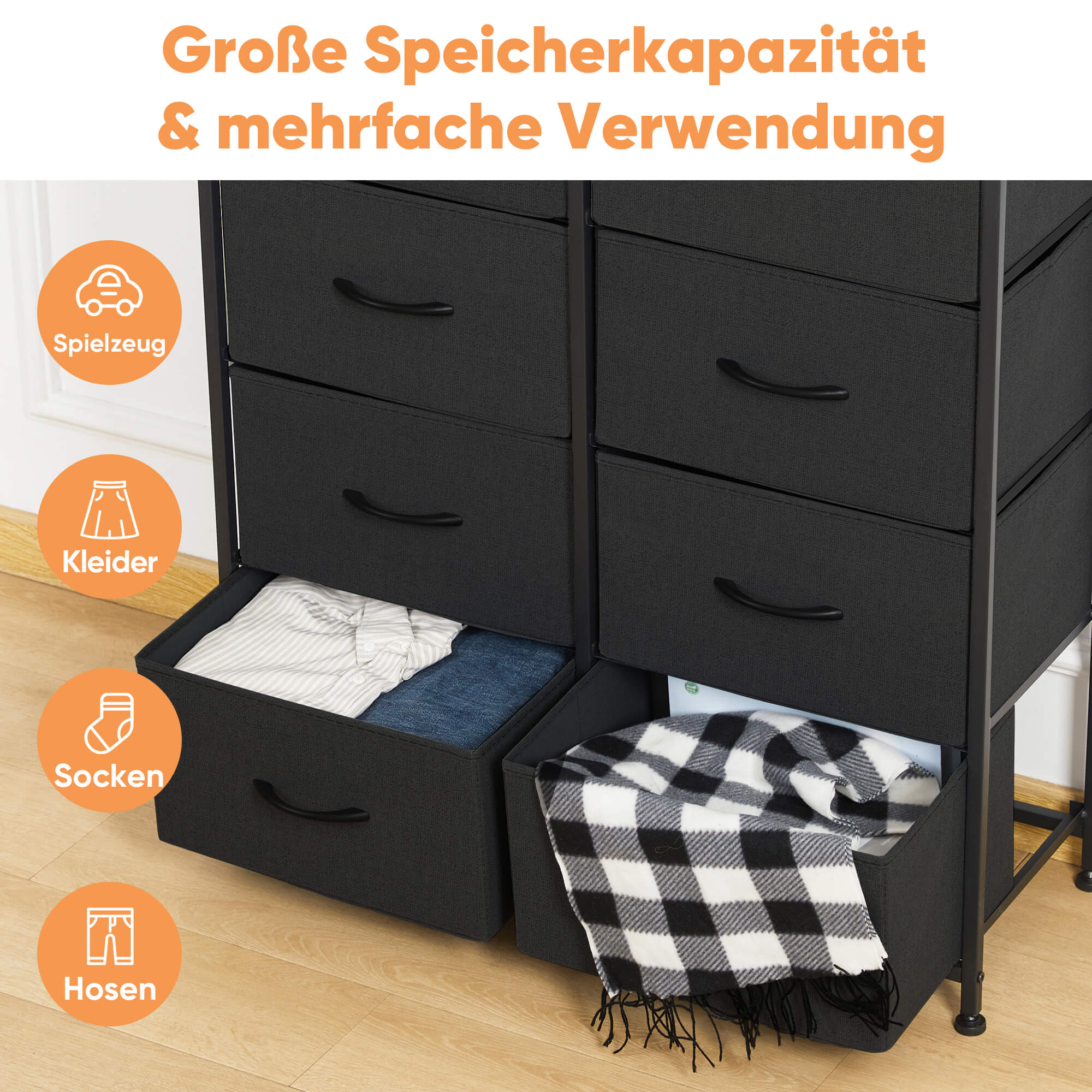 Hohe Dresser Fabric Storage Tower mit 8 Fabric Bins Schubladen, hölzerne Top für Kinderzimmer, Schrank, Eingang, Kinderzimmer