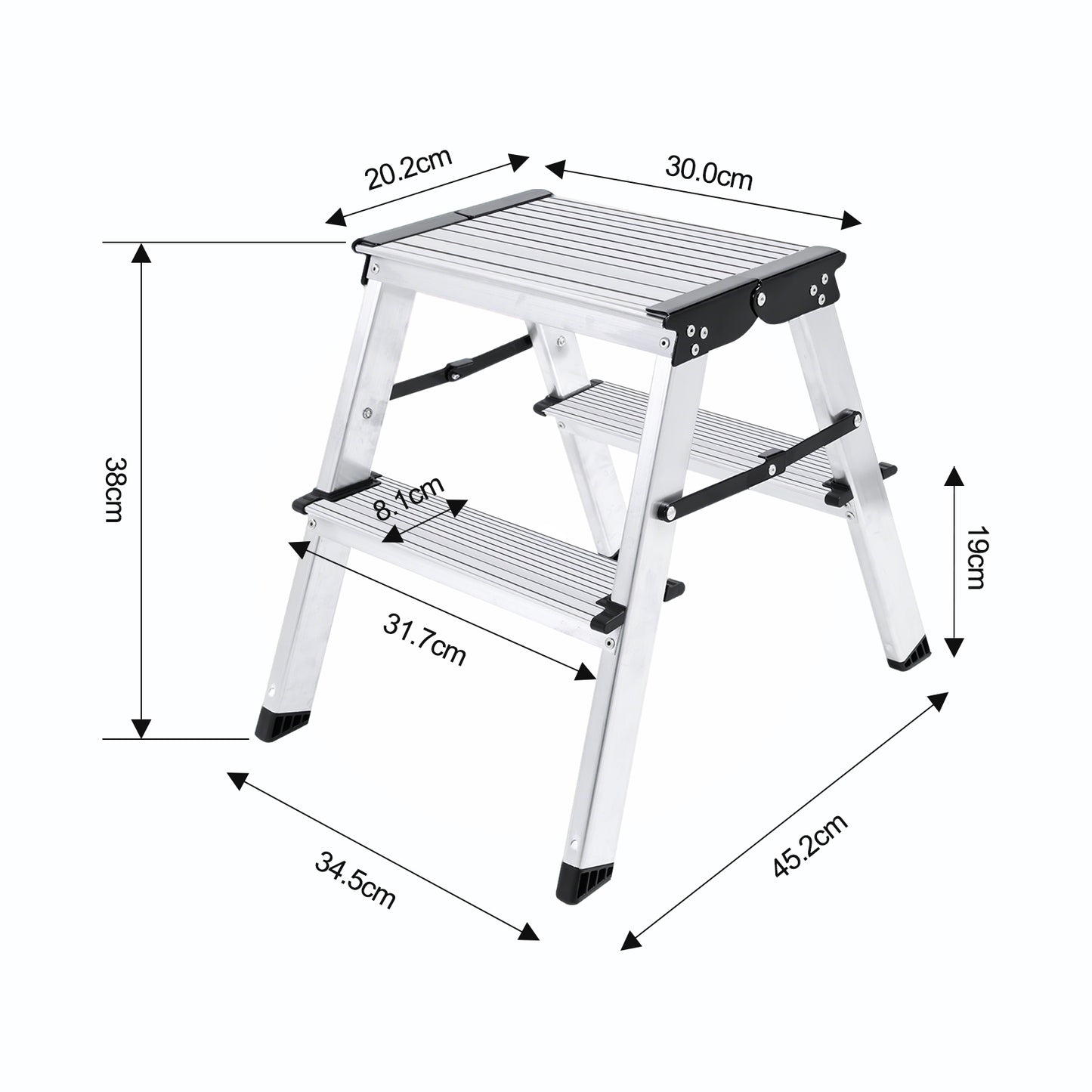 Sweetcrispy klappbare Aluminium-Trittleiter mit 2 Stufen, max. 150 kg belastbar, Höhe ca. 38 cm