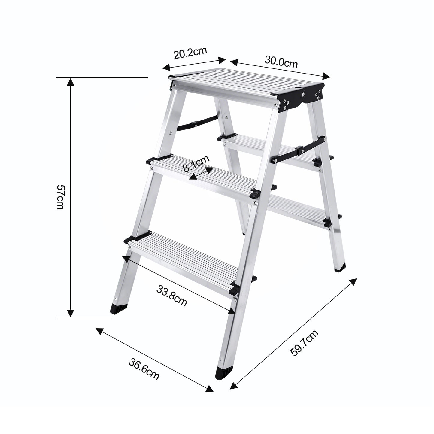 Sweetcrispy klappbare Aluminium-Trittleiter mit 3 Stufen, max. 150 kg belastbar, Höhe ca. 57 cm