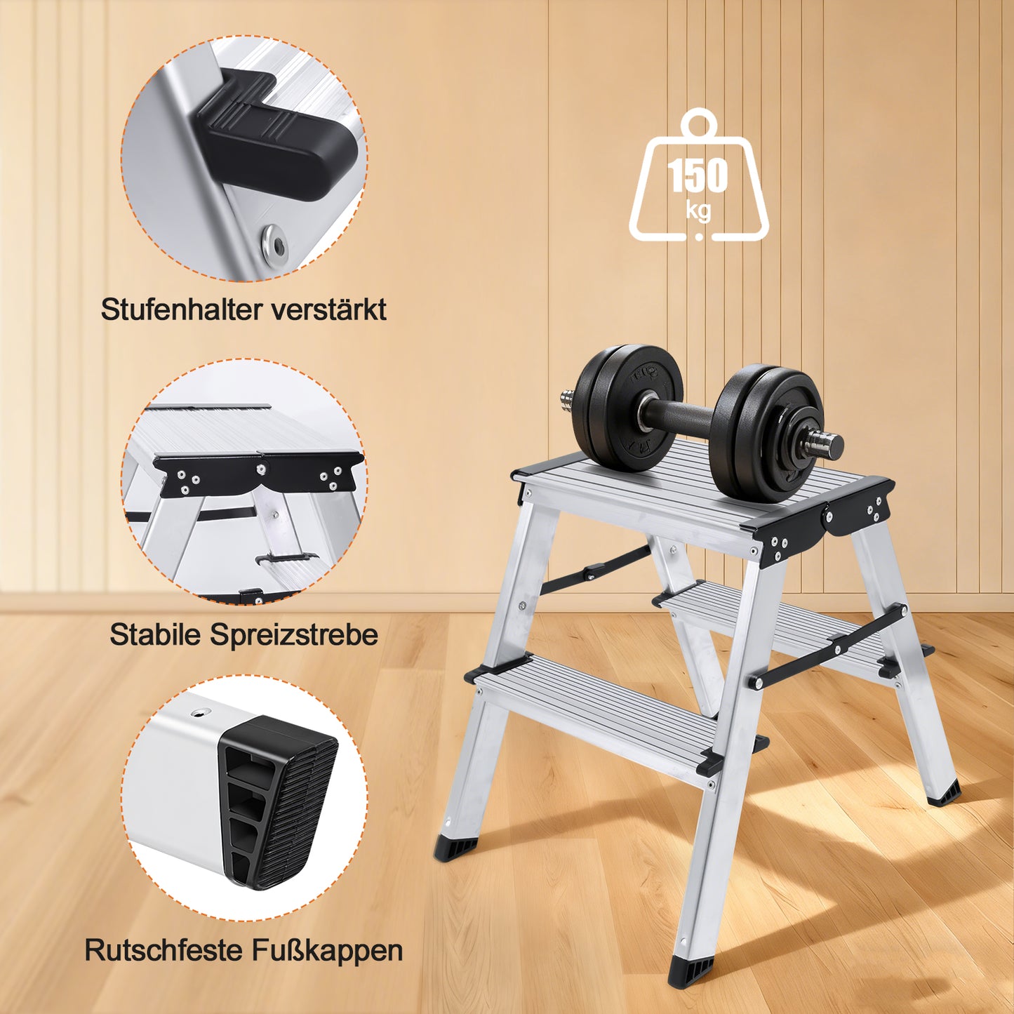 Sweetcrispy klappbare Aluminium-Trittleiter mit 2 Stufen, max. 150 kg belastbar, Höhe ca. 38 cm