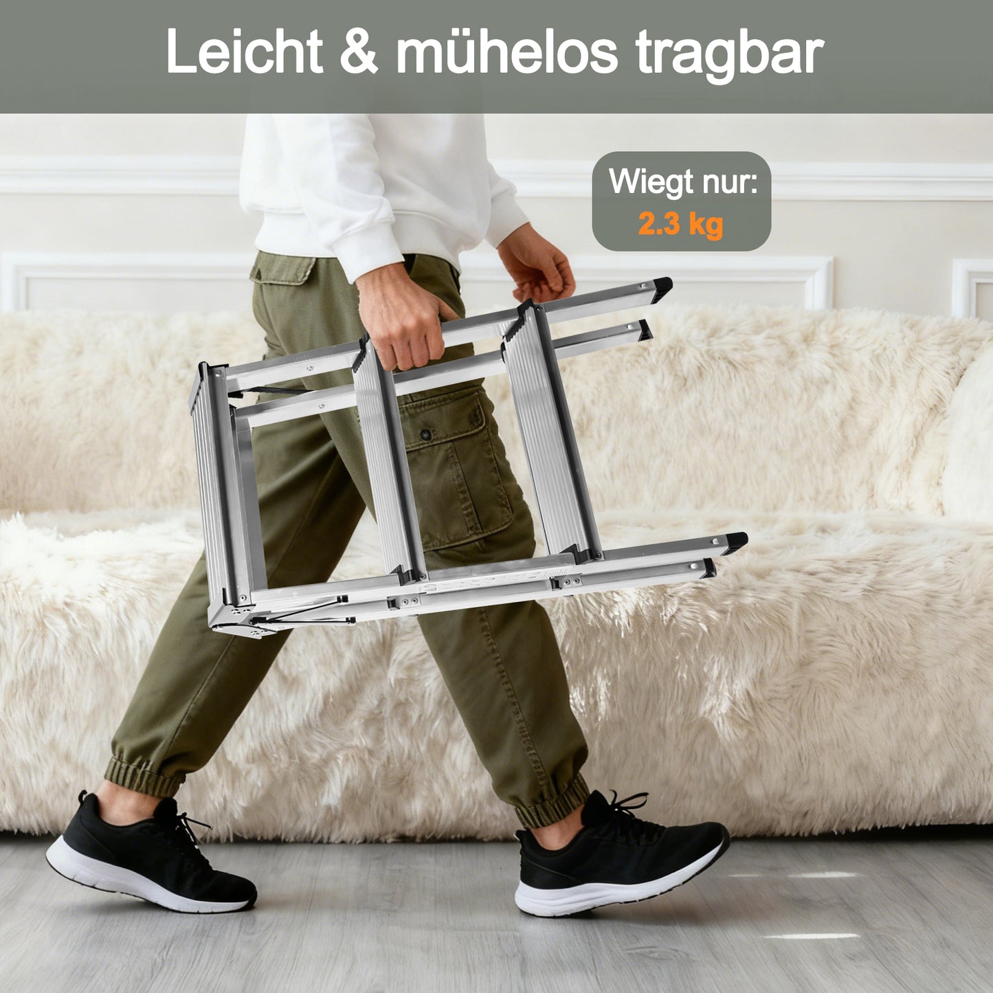 Sweetcrispy klappbare Aluminium-Trittleiter mit 3 Stufen, max. 150 kg belastbar, Höhe ca. 57 cm