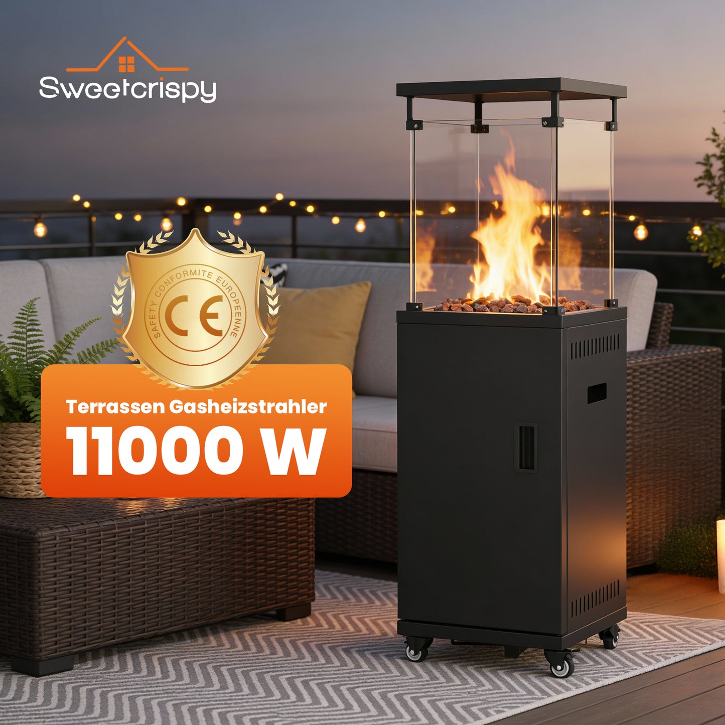 Sweetcrispy Terrassenheizstrahler Gasheizung 11kW mit Rollen und Kippschutz