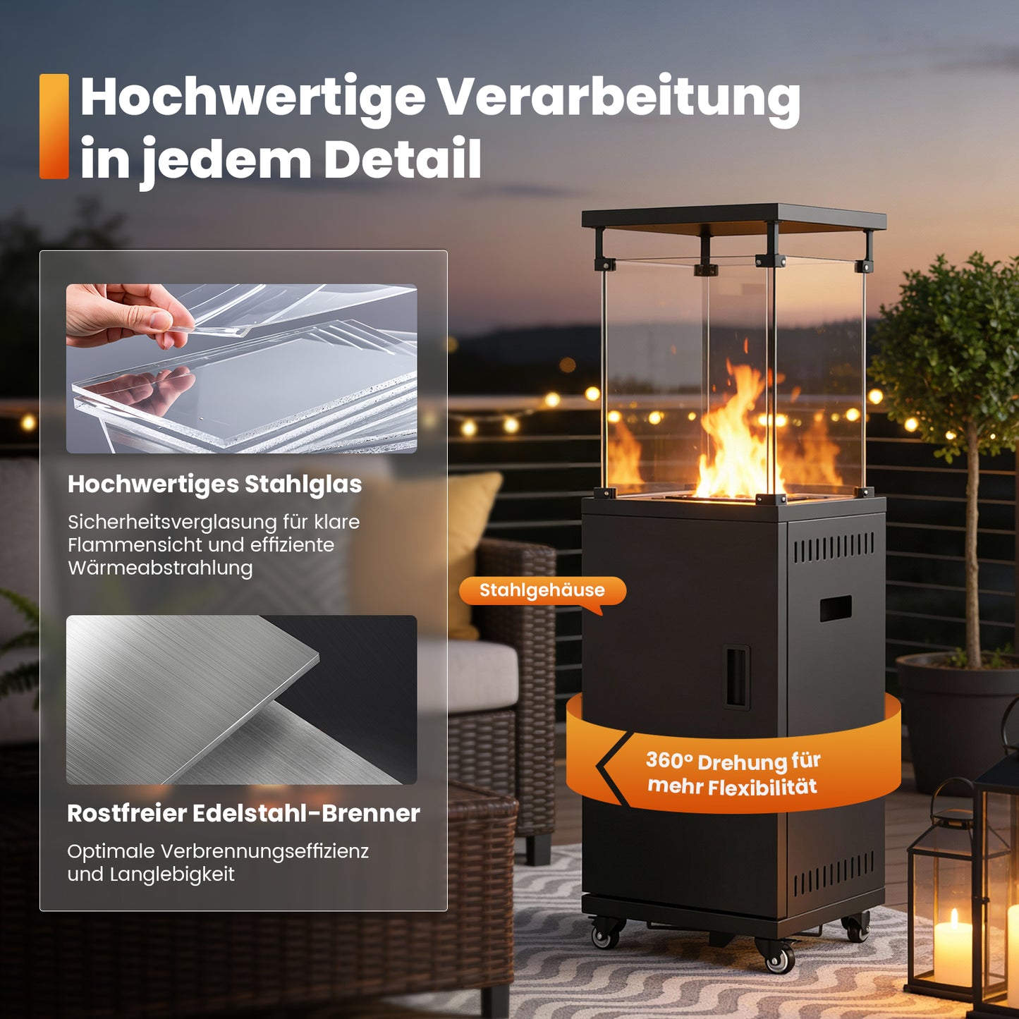 Sweetcrispy Terrassenheizstrahler Gasheizung 11kW mit Rollen und Kippschutz