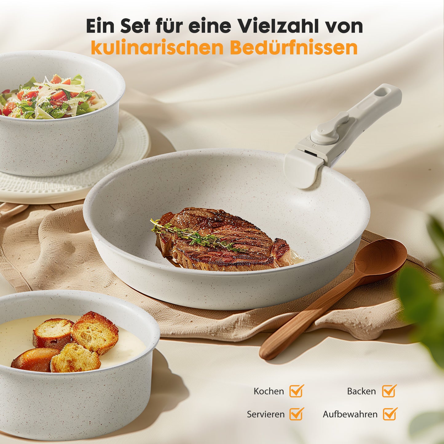 Sweetcrispy Antihaft-Kochgeschirrset mit Pfannenwender und abnehmbarem Griff(Set, 12-tlg)