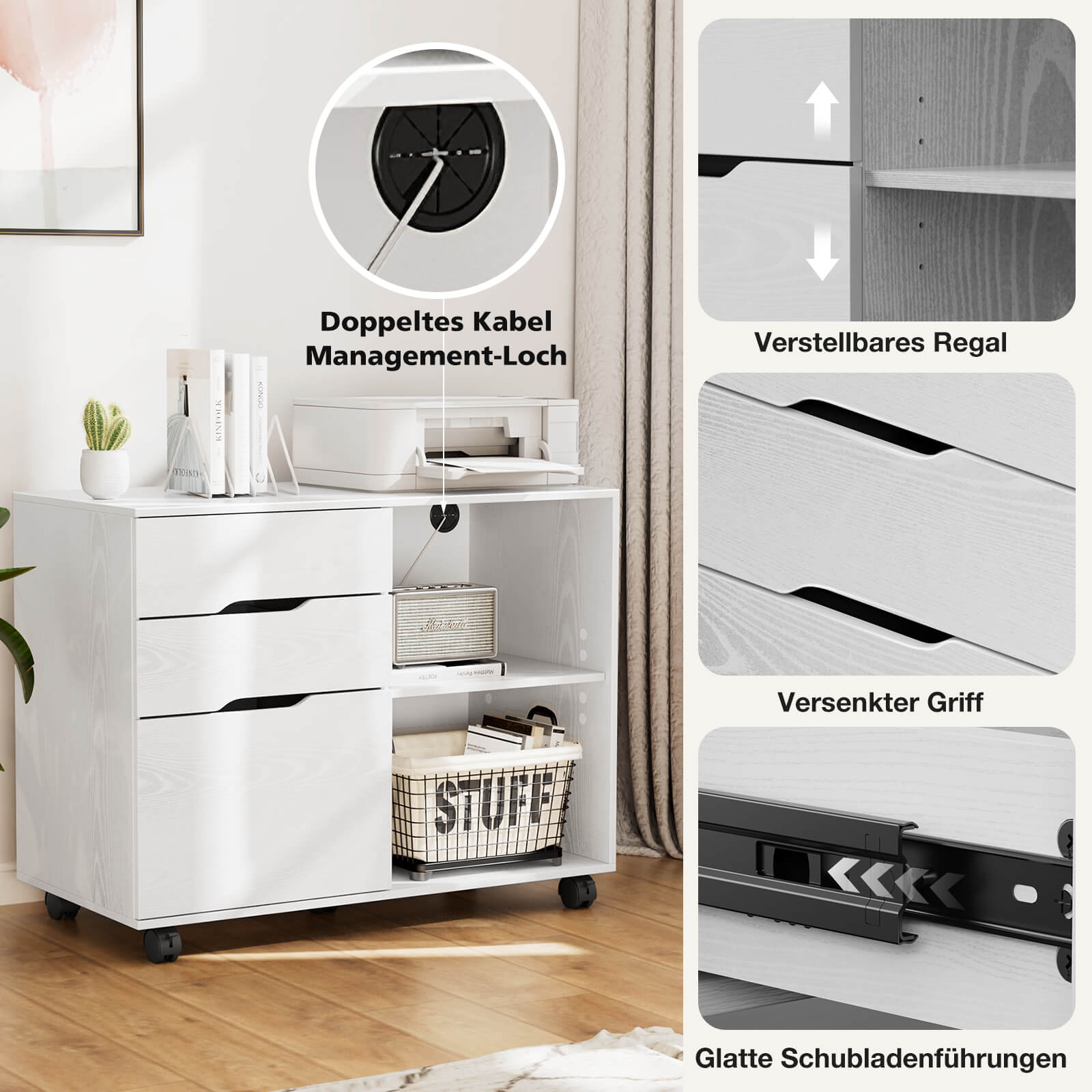 3 Schubladen Mobile Rolling Lateral File Cabinet für Home Office und Kinderzimmer