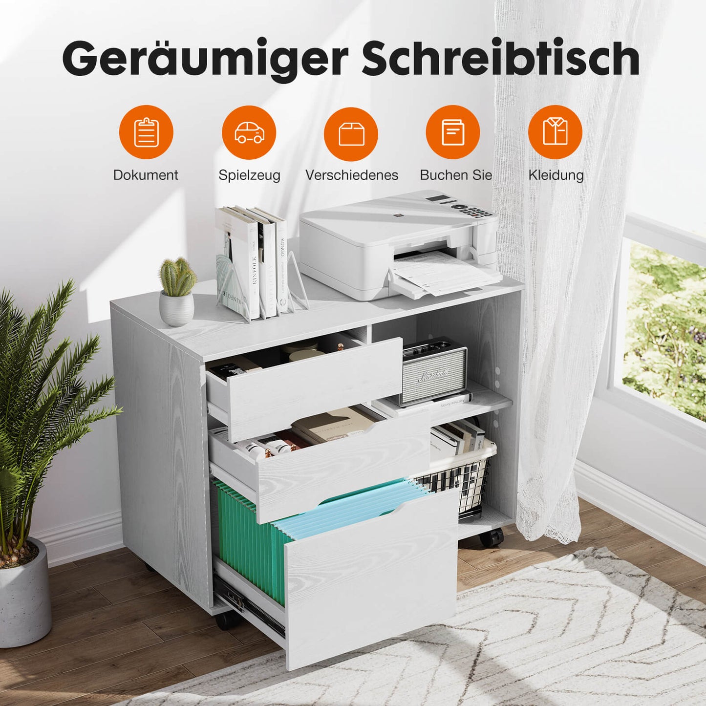 Sweetcrispy mobiler Aktenschrank mit 3 Schubladen und Rollen für Büro