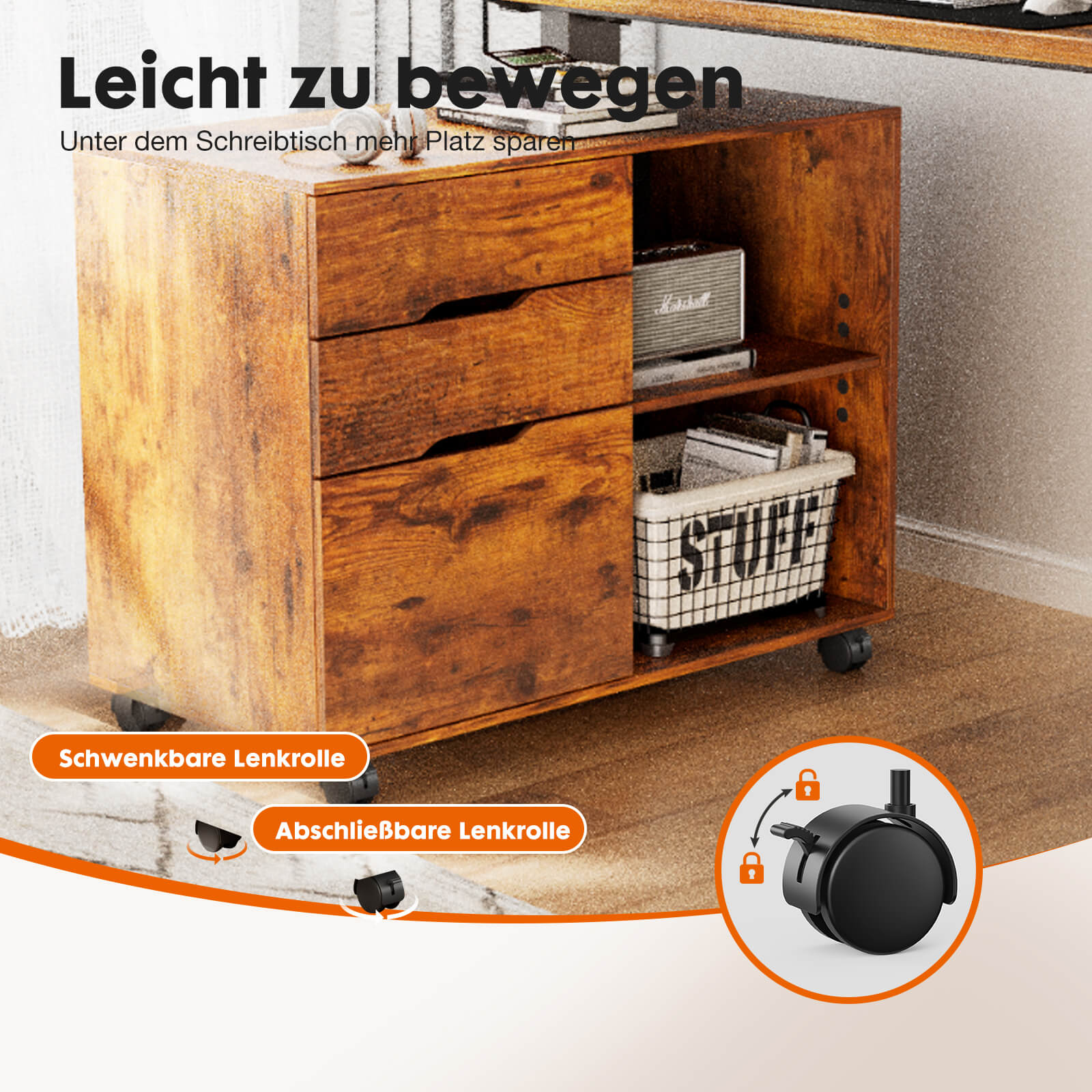 3 Schubladen Mobile Rolling Lateral File Cabinet für Home Office und Kinderzimmer