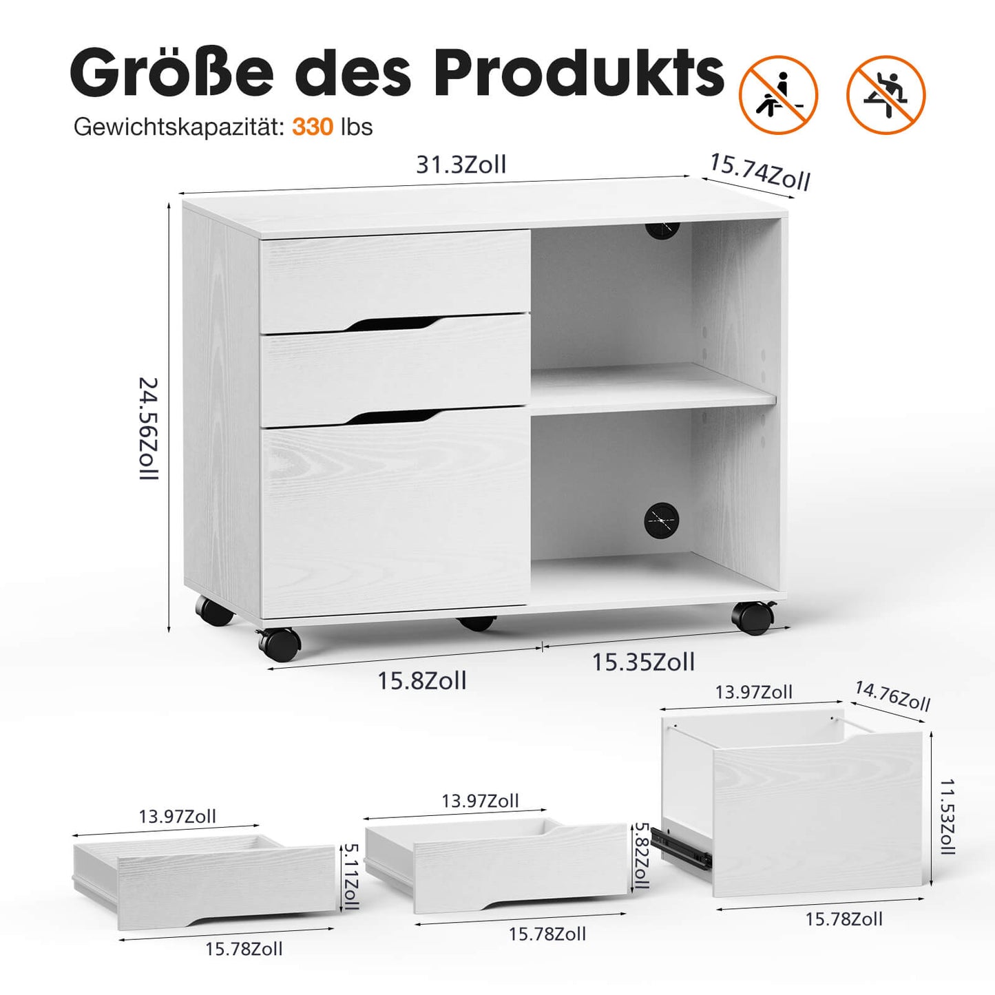 Sweetcrispy mobiler Aktenschrank mit 3 Schubladen und Rollen für Büro