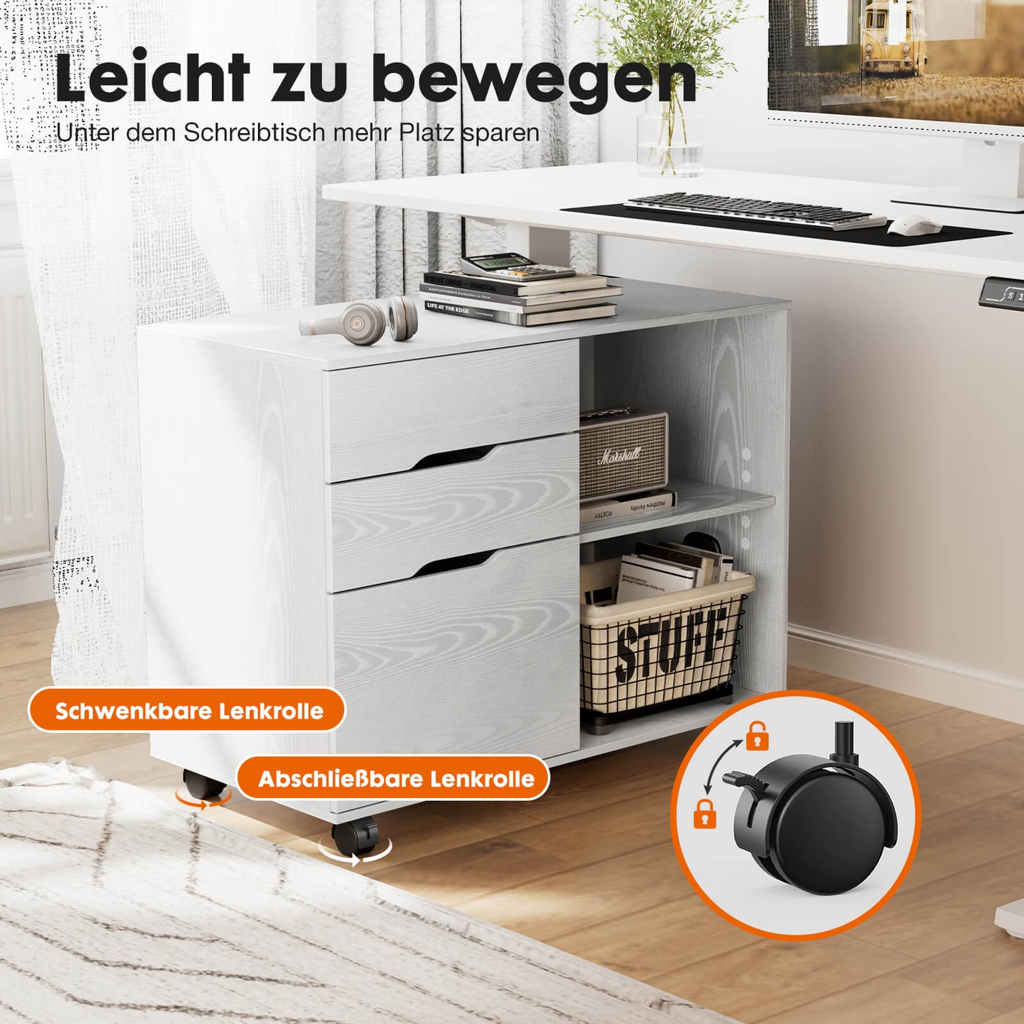 Sweetcrispy mobiler Aktenschrank mit 3 Schubladen und Rollen für Büro