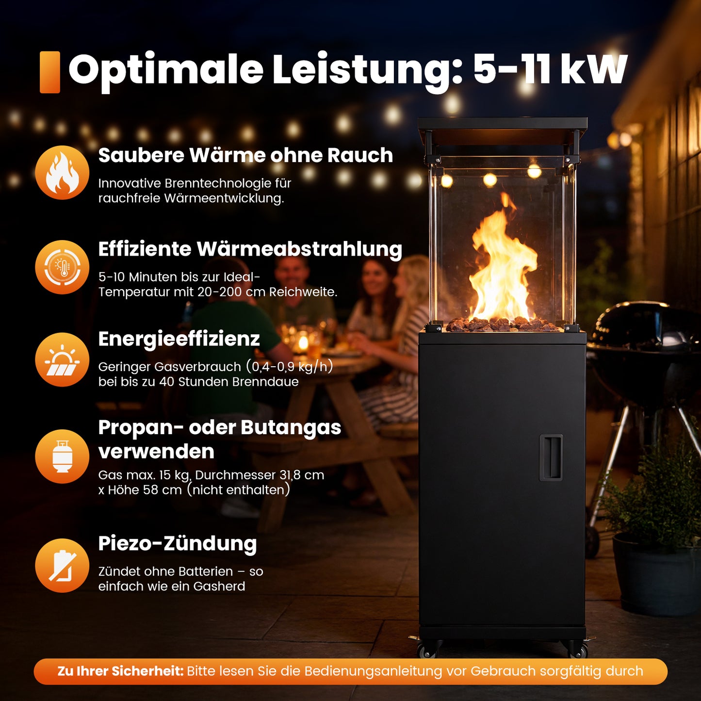 Sweetcrispy Terrassenheizstrahler Gasheizung 11kW mit Rollen und Kippschutz