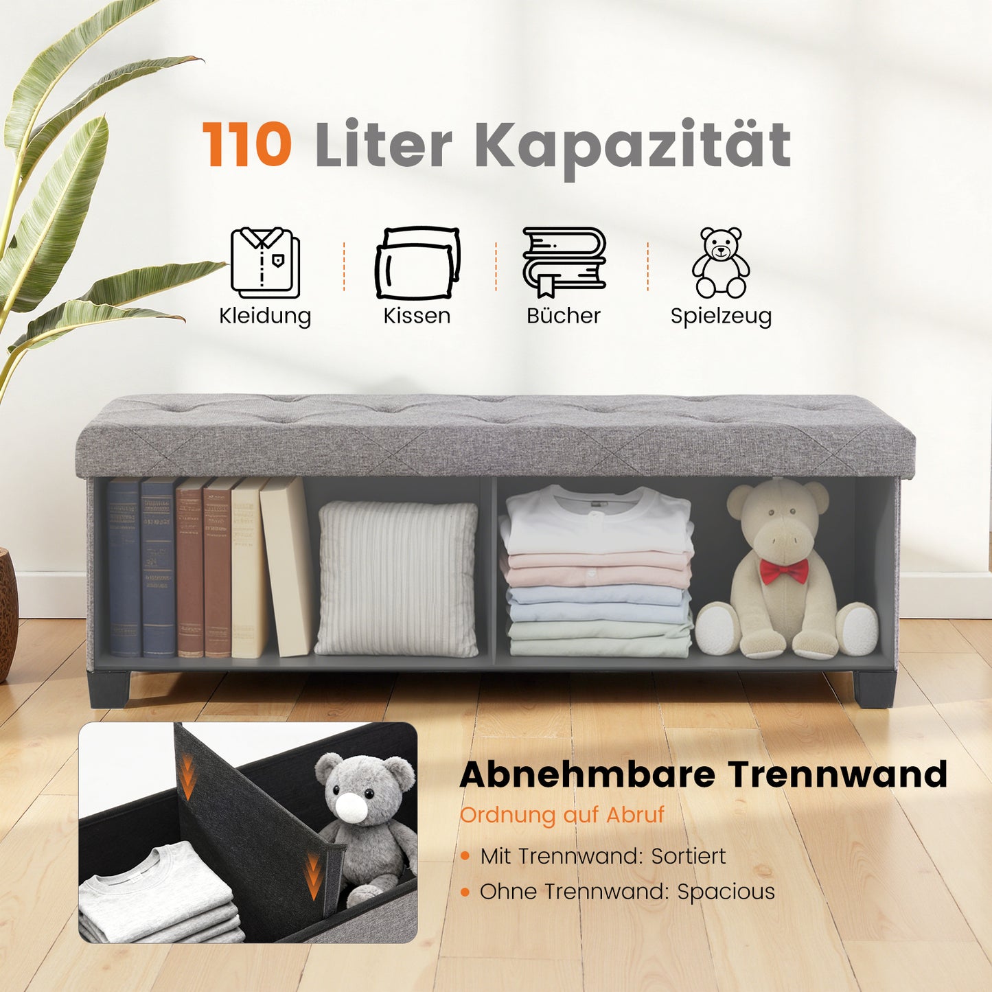 Sweetcrispy Sitzbank mit 110 Liter Stauraum und abnehmbarer Trennwand