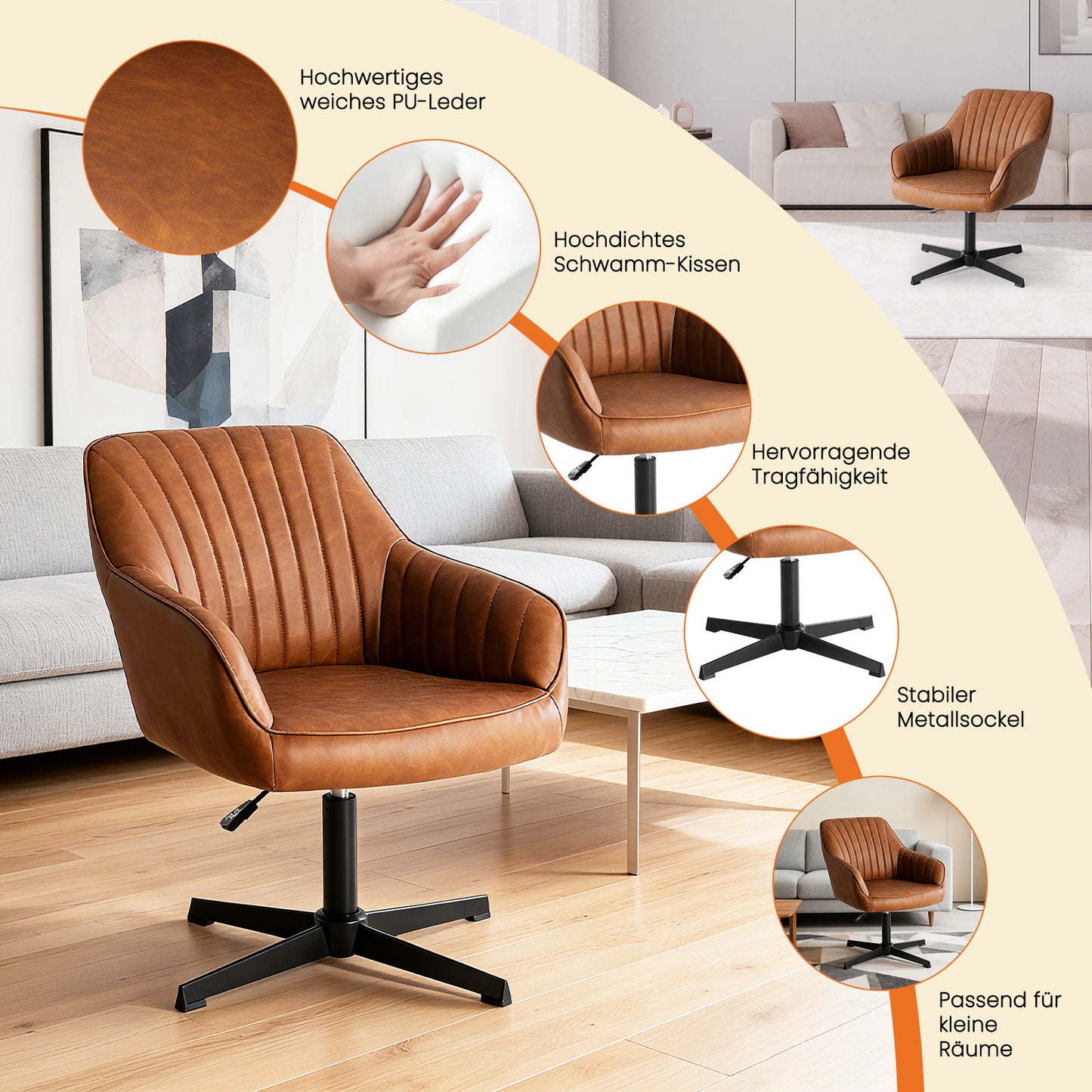Gepolsterter Drehstuhl mit Armlehnen aus PU-Leder für Esszimmerstuhl