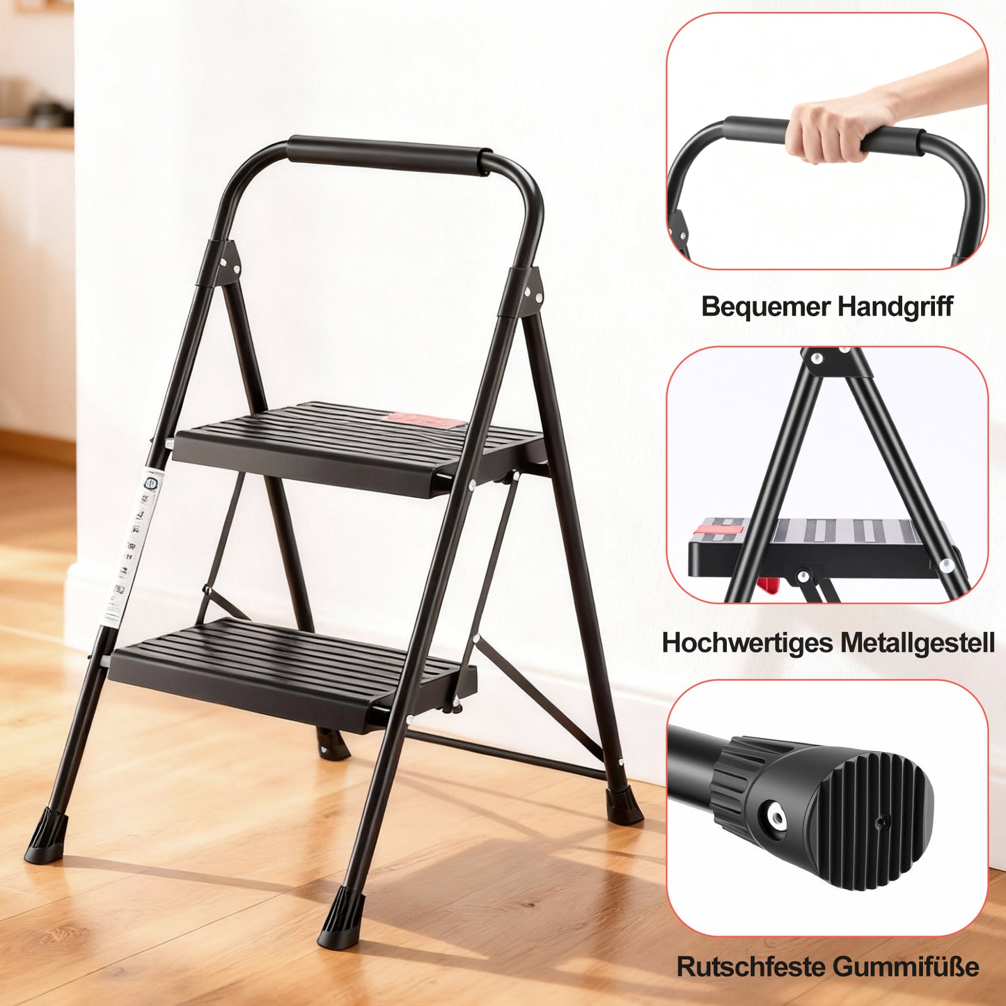 Sweetcrispy rutschfeste 2-Stufen-Trittleiter mit Sicherheitsverschluss und Metallgestell, Höhe ca. 85 cm